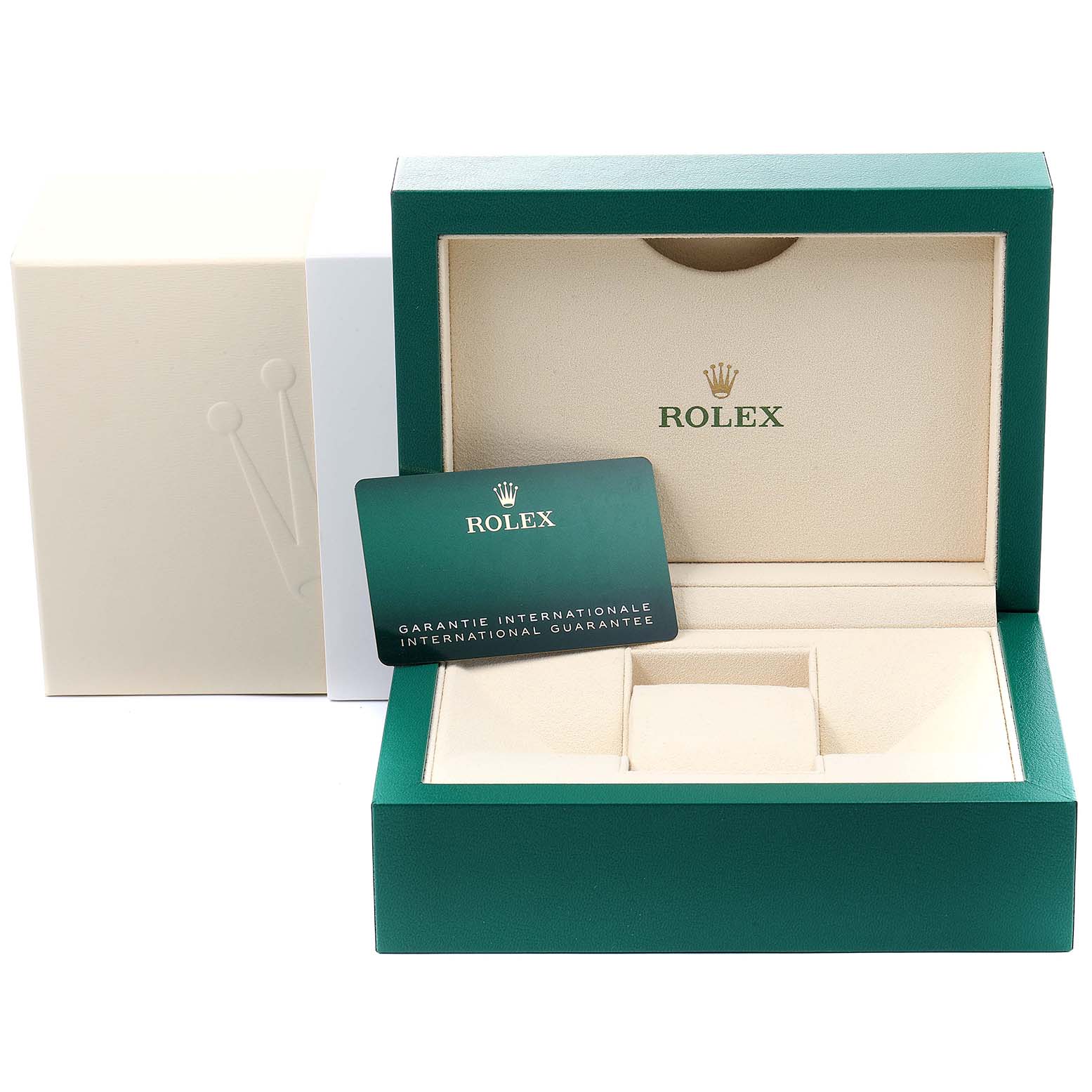 The image displays an open Rolex Oyster Perpetual 124300 Men
s Stainless Steel Black Dial 124300 Men
s Stainless Steel Black Dial watch box and a Rolex international guarantee card.