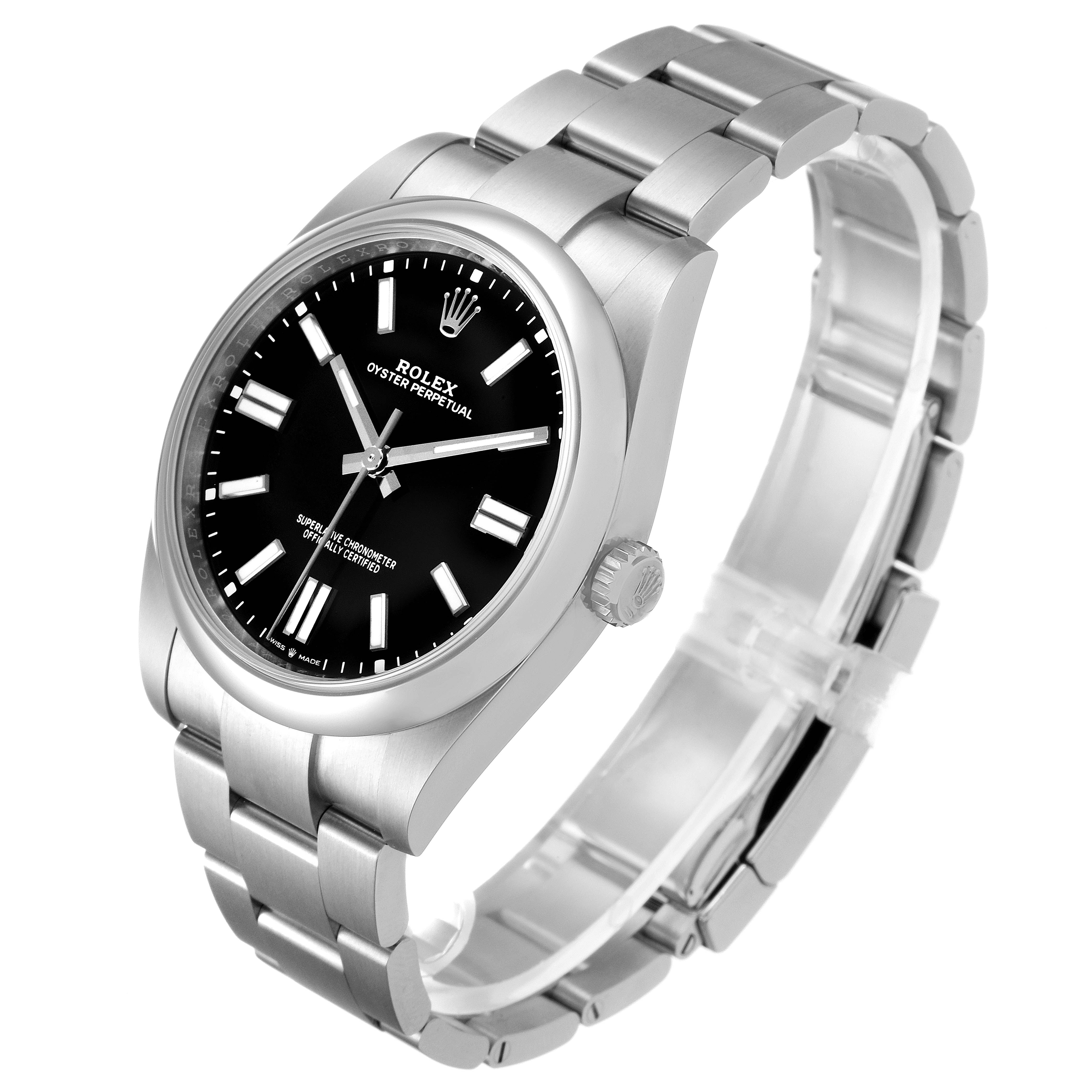 The Rolex Oyster Perpetual 124300 Men
s Stainless Steel Black Dial 124300 Men
s Stainless Steel Black Dial watch is shown at a three-quarter angle, highlighting the face, bezel, crown, and bracelet.