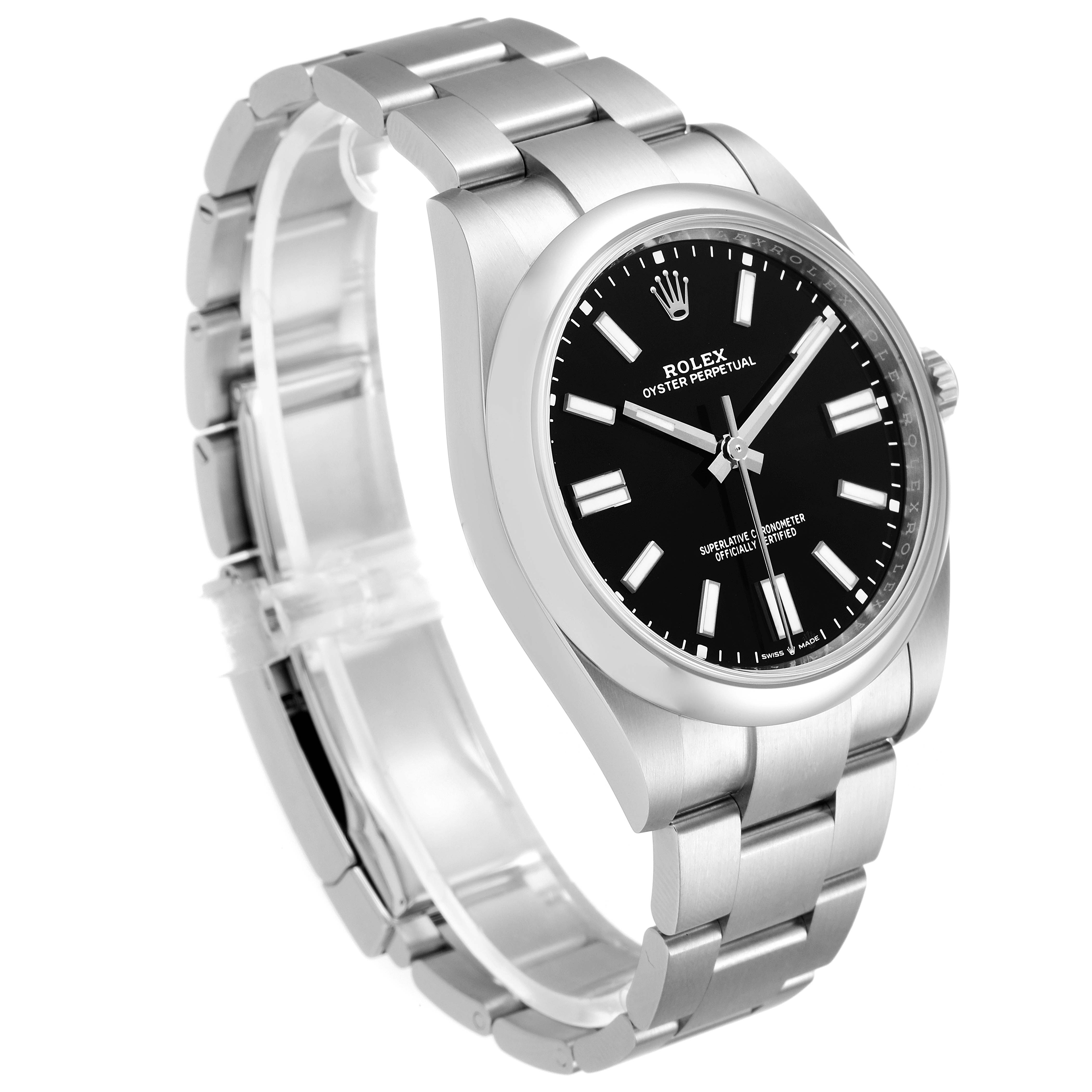 The Oyster Perpetual model by Rolex is shown at a slight angle, highlighting its black dial, stainless steel case, and bracelet.