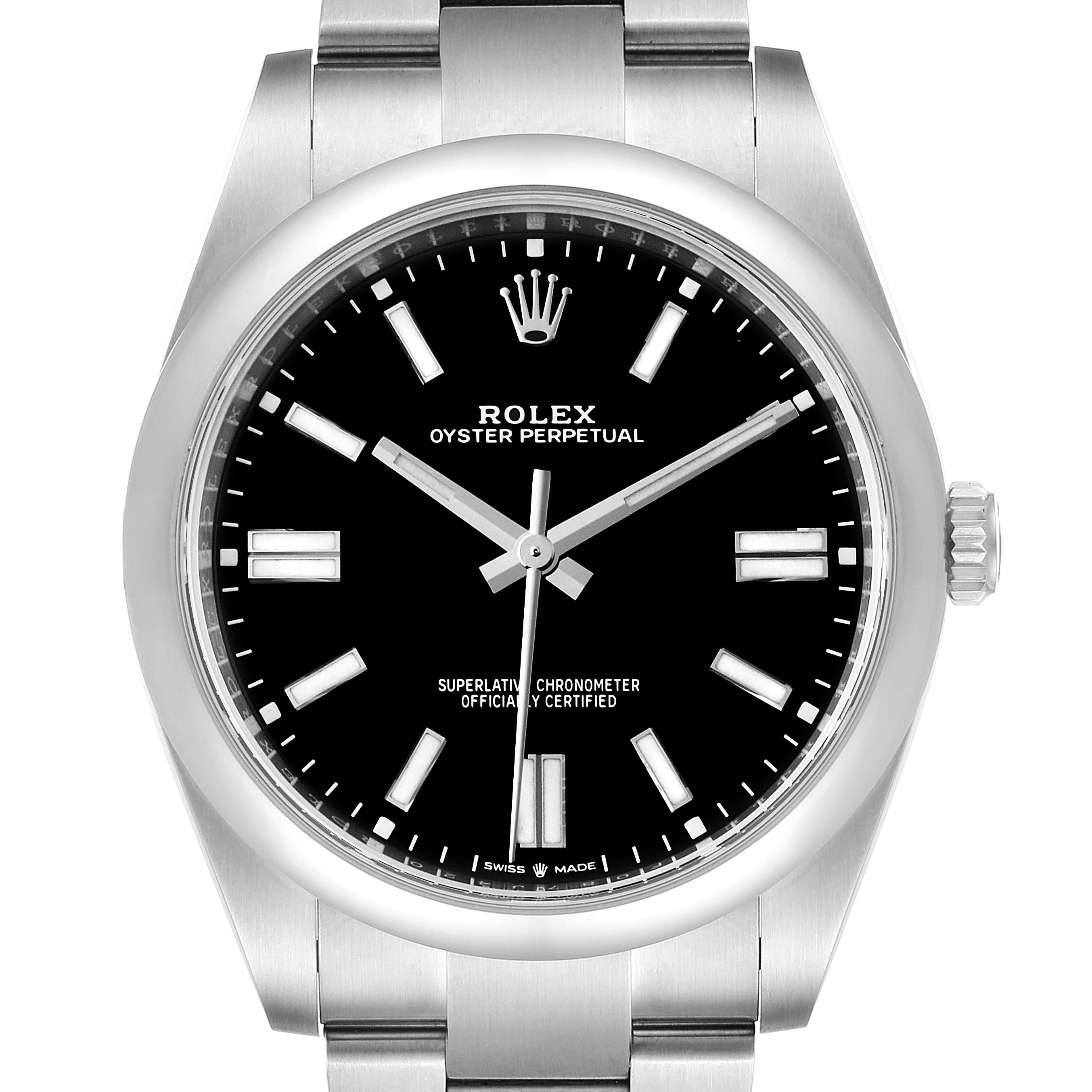 The image shows a front view of a Rolex Oyster Perpetual 124300 Men
s Stainless Steel Black Dial 124300 Men
s Stainless Steel Black Dial watch, highlighting its black dial, hour markers, hands, and part of the bracelet.