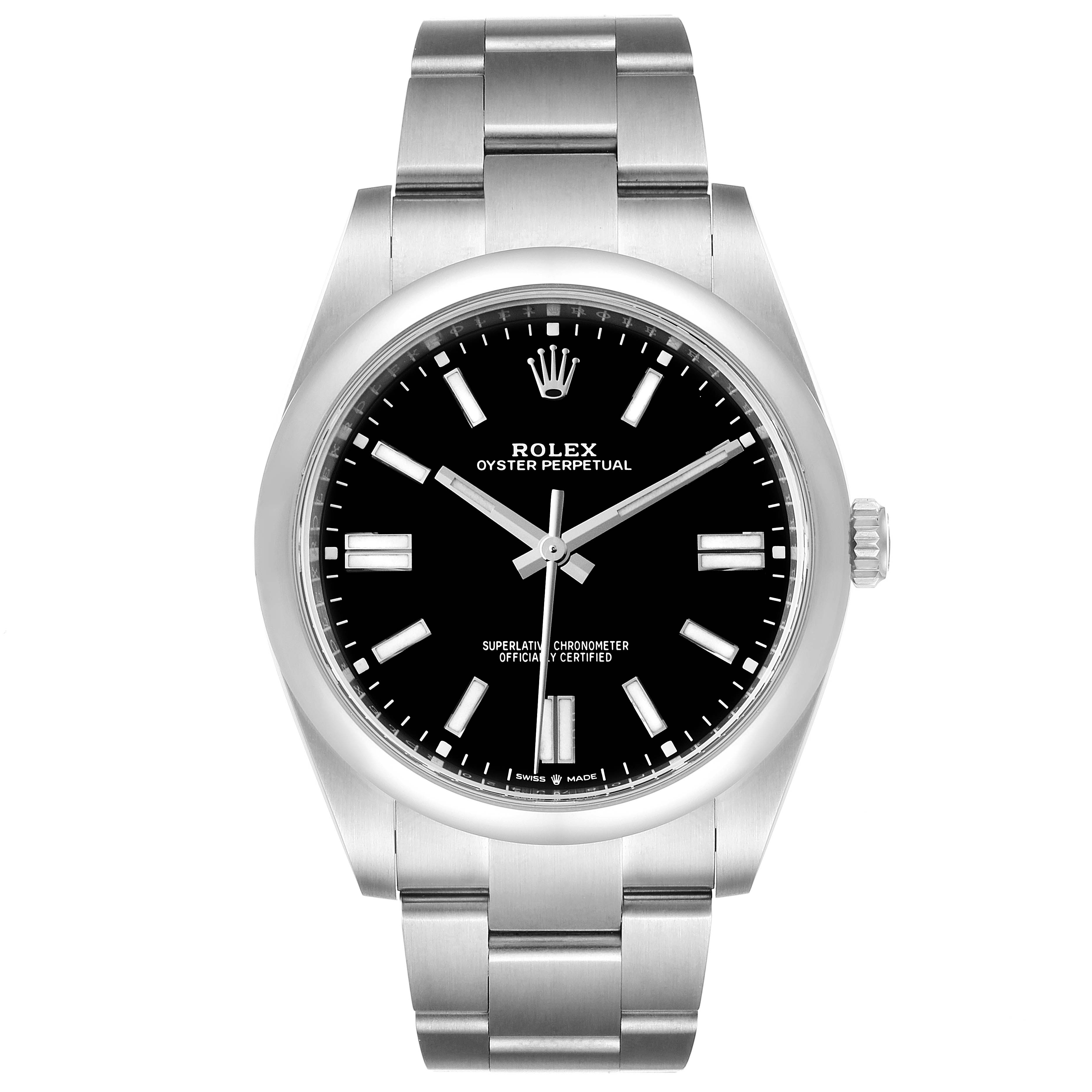 This Rolex Oyster Perpetual 124300 Men
s Stainless Steel Black Dial 124300 Men
s Stainless Steel Black Dial watch is shown from a front angle, displaying its dial, hands, markers, and bracelet.