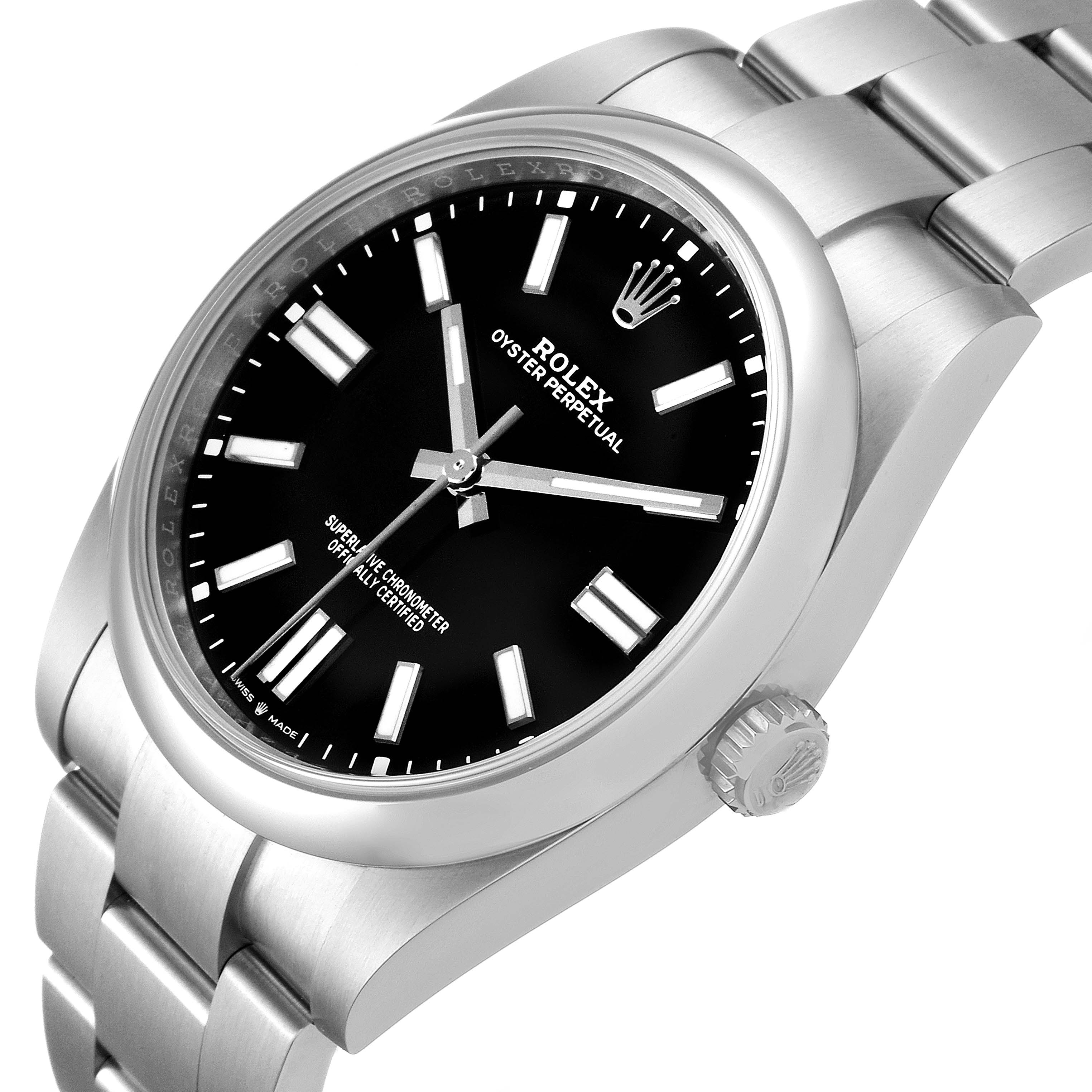 The image shows a side-angle view of a Rolex Oyster Perpetual 124300 Men
s Stainless Steel Black Dial 124300 Men
s Stainless Steel Black Dial watch, featuring its black dial, hour markers, hands, crown, and bracelet.