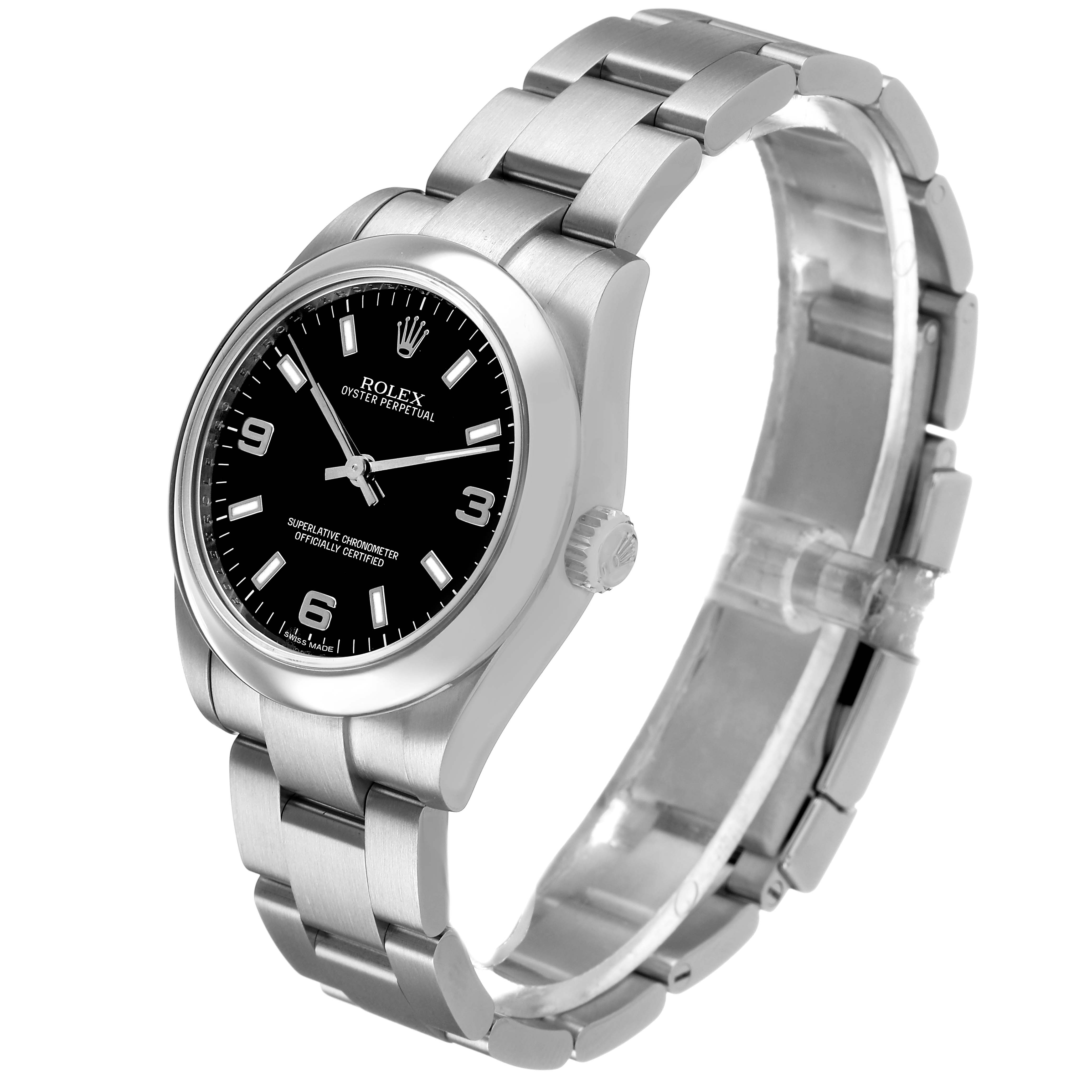 The Rolex Oyster Perpetual 177200 Women's Stainless Steel Black Dial watch is shown at a three-quarter angle, highlighting the dial, bezel, crown, and bracelet.