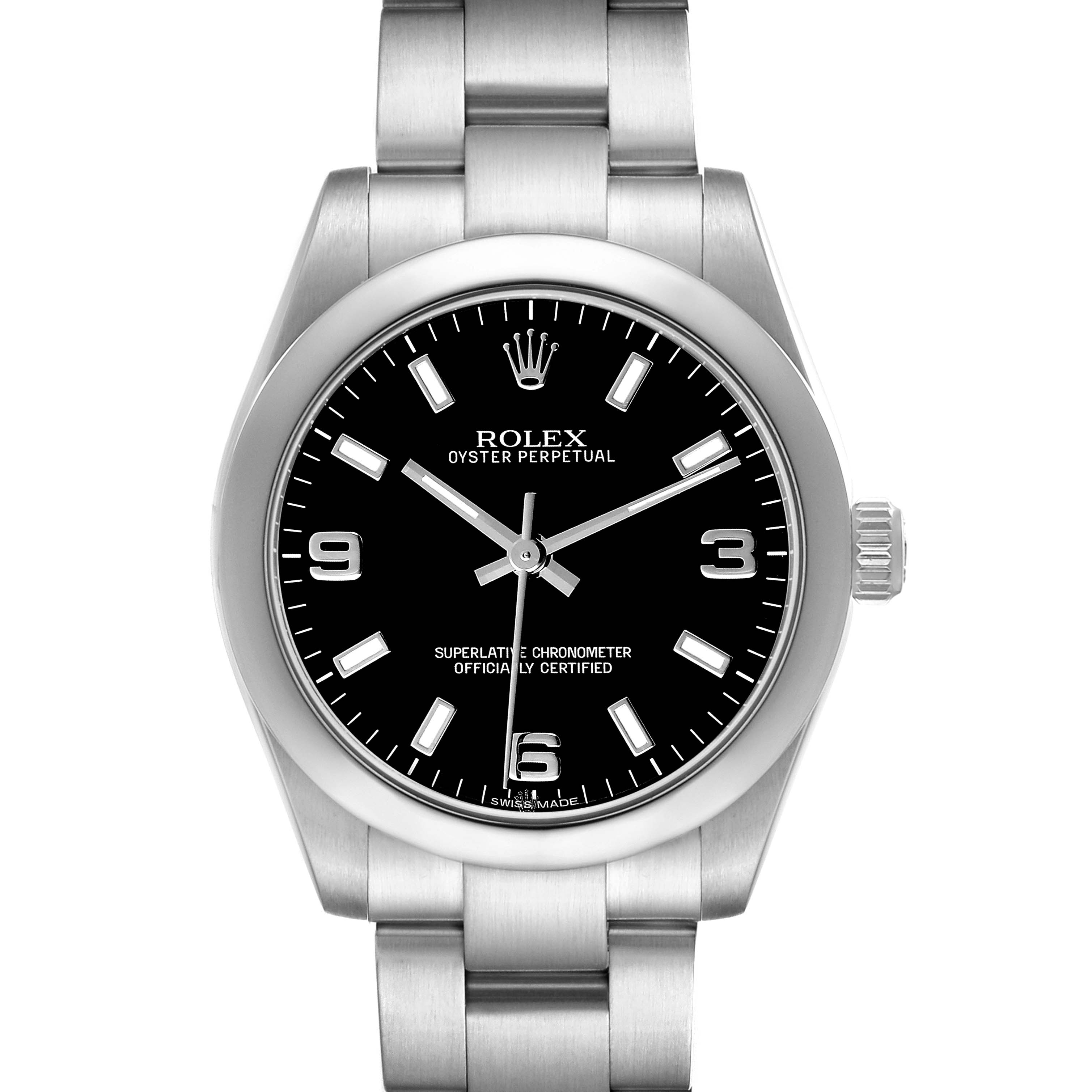 The image shows a front view of the Rolex Oyster Perpetual 177200 Women's Stainless Steel Black Dial watch, highlighting the dial, bezel, and bracelet.