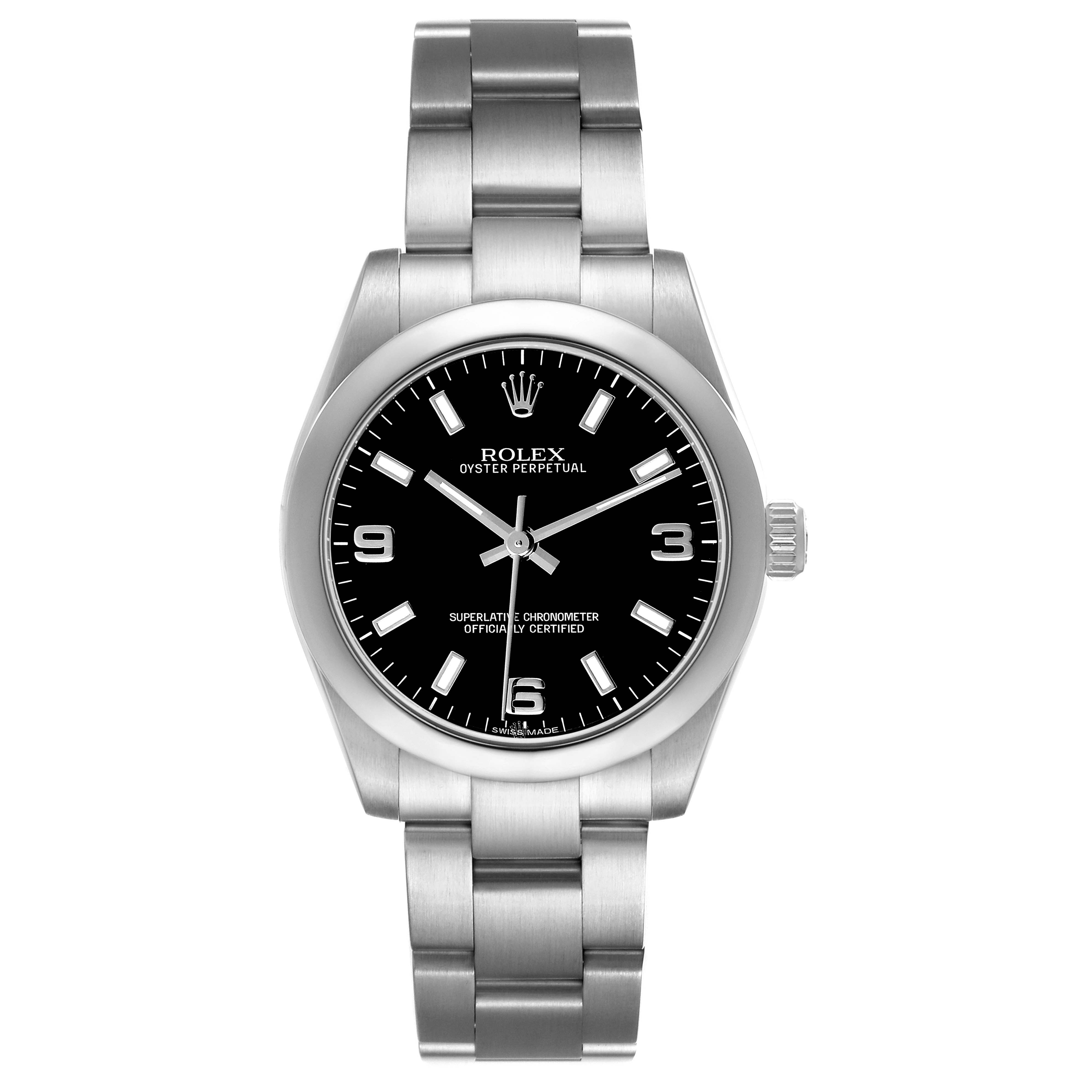 The Rolex Oyster Perpetual 177200 Women's Stainless Steel Black Dial watch is shown from the front, displaying the face and bracelet.