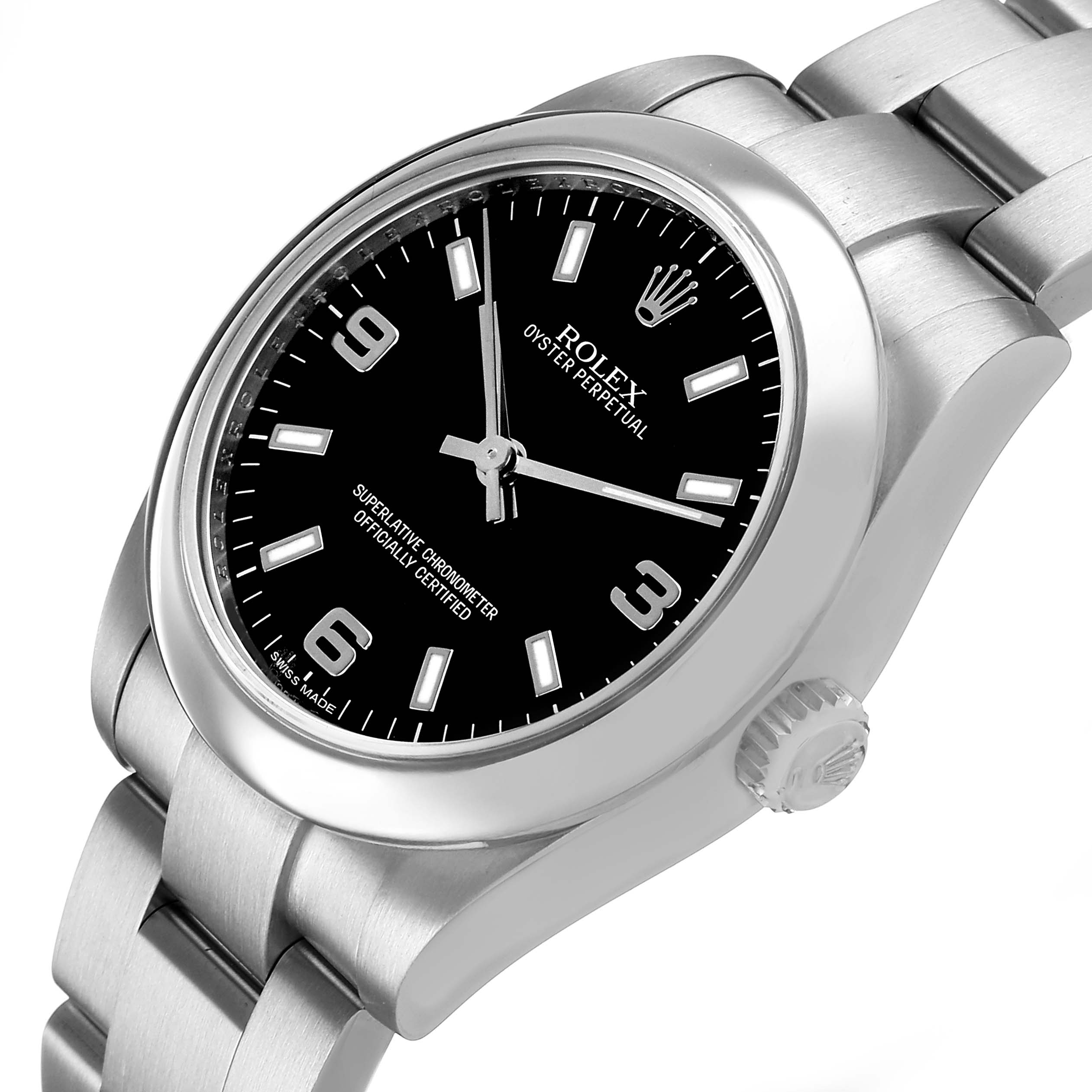 The Rolex Oyster Perpetual 177200 Women's Stainless Steel Black Dial watch is shown at a slight angle, highlighting its dial, case, bracelet, and crown.