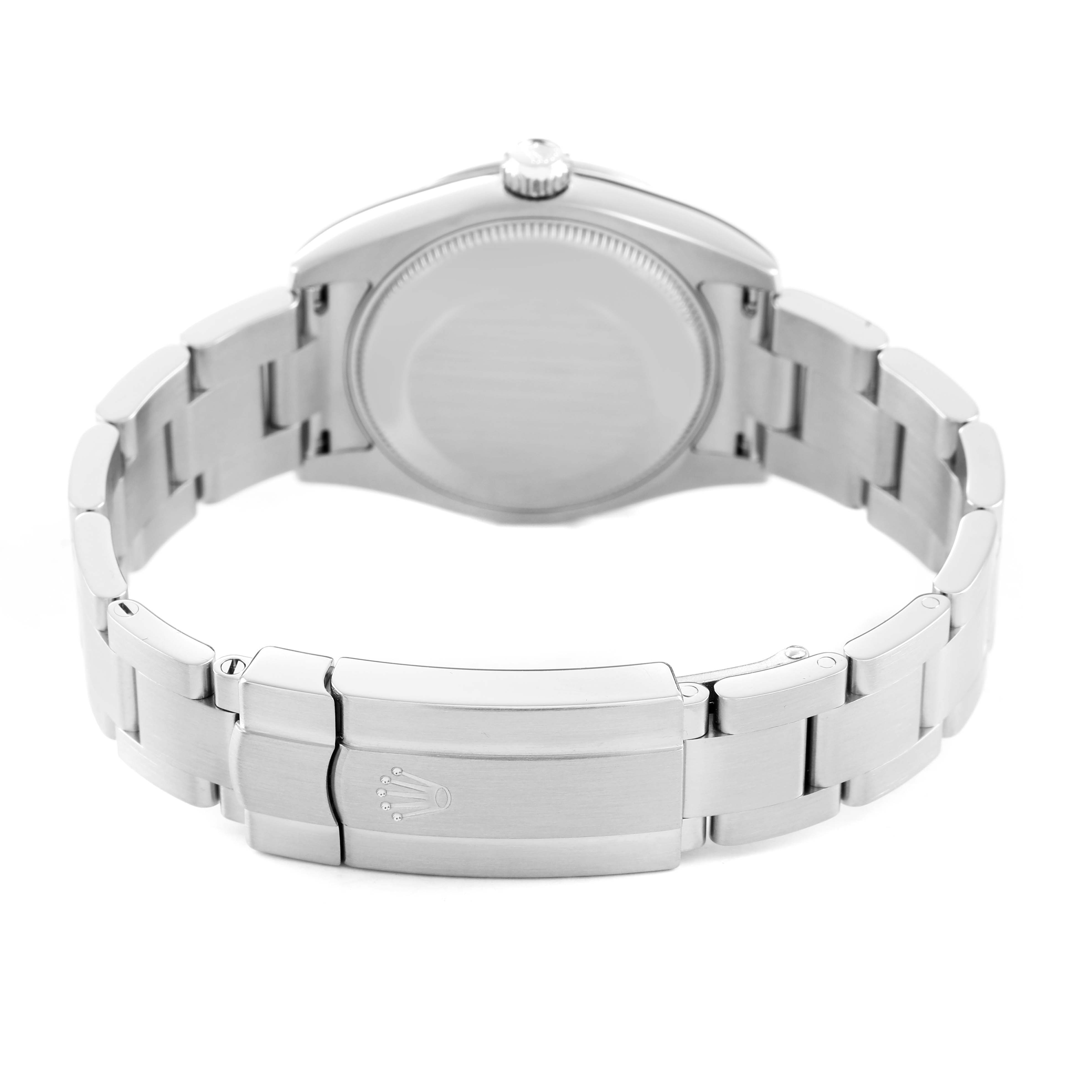 The image shows the back of a Rolex Oyster Perpetual 177200 Women's Stainless Steel Black Dial watch, highlighting the clasp and bracelet.