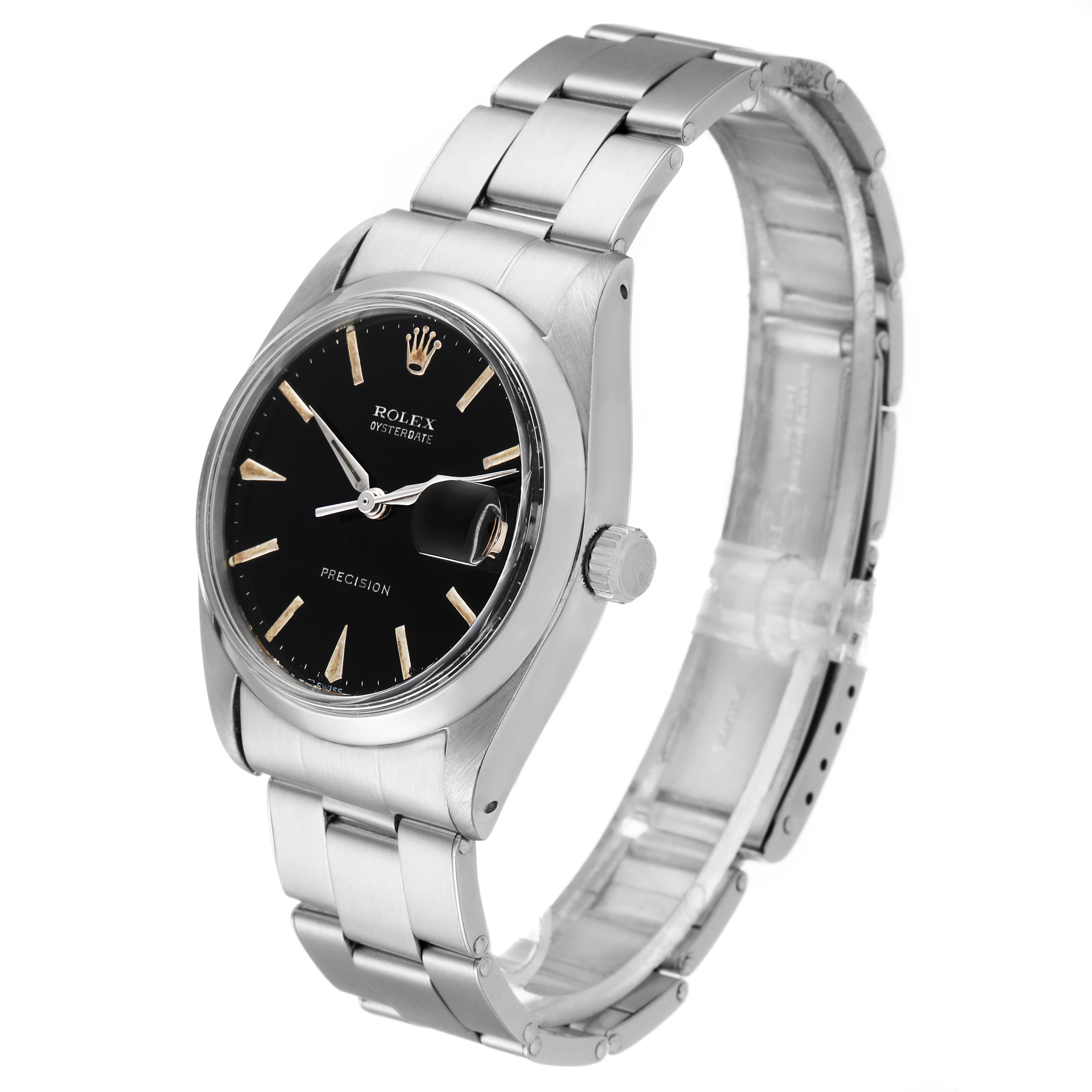 The image shows a side angle view of a Rolex Vintage Collection 6694 Men's Stainless Steel Black Dial 6694 Men's Stainless Steel Black Dial watch, highlighting the dial, crown, and bracelet.
