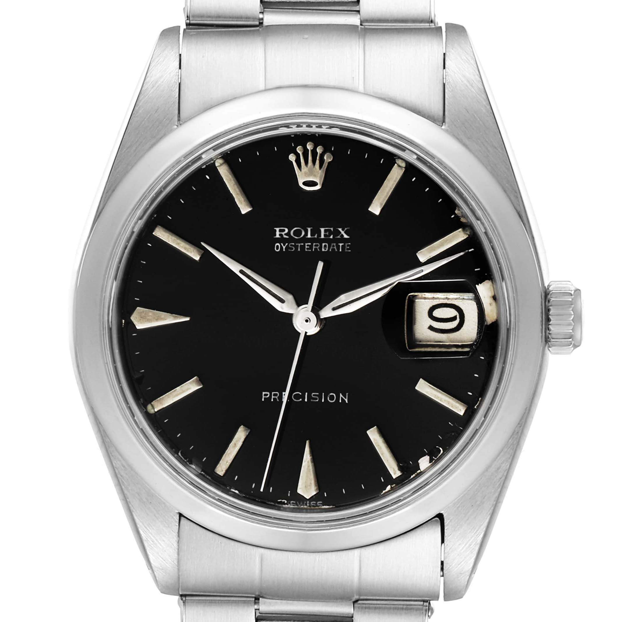 This is a close-up front view of the Rolex Vintage Collection 6694 Men's Stainless Steel Black Dial 6694 Men's Stainless Steel Black Dial Oysterdate model, showing the dial, hands, and date window.