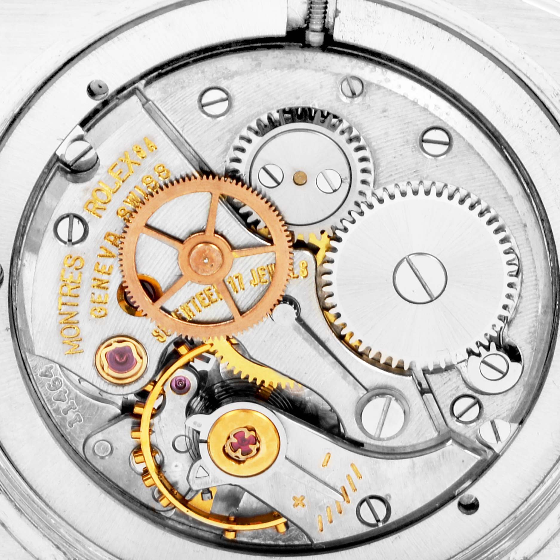 The image shows the inner mechanical parts of a Rolex Vintage Collection 6694 Men's Stainless Steel Black Dial 6694 Men's Stainless Steel Black Dial watch from a close-up, top-down angle.