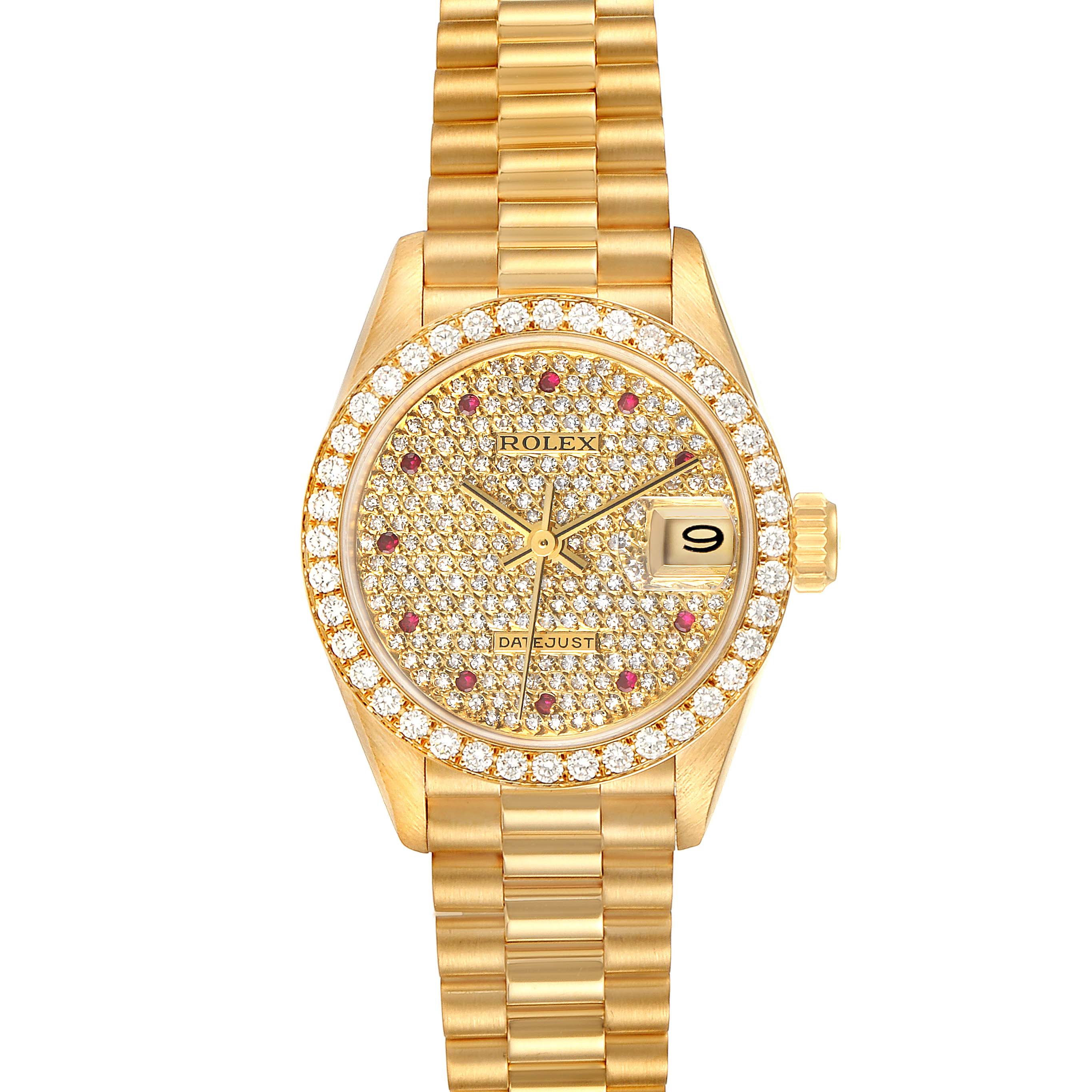 This image shows a Rolex President 69138 Women's Yellow Gold  69138 Women's Yellow Gold  model watch from a top-down perspective, highlighting the band, bezel, dial, and date window.