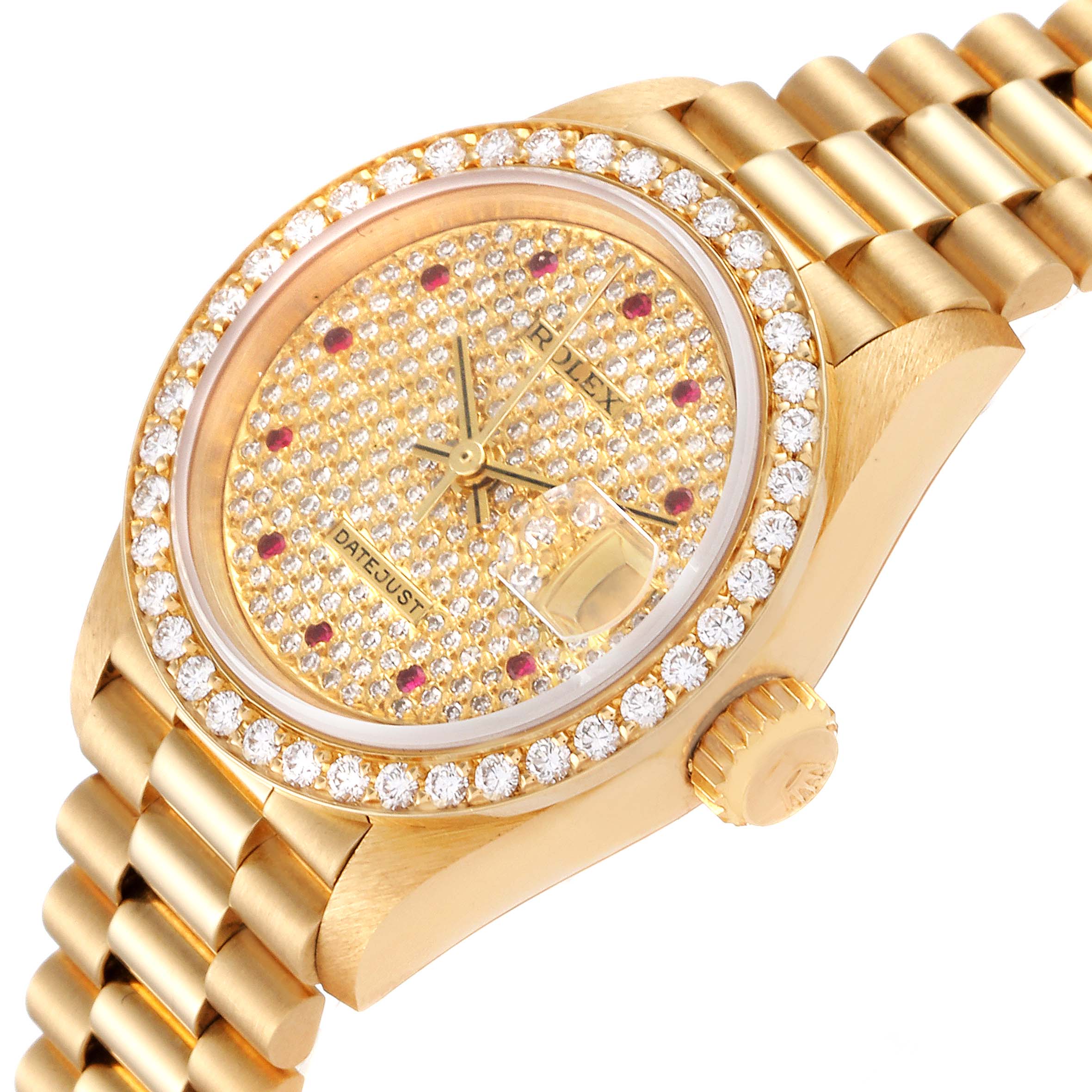 The image shows a close-up angled view of a Rolex President 69138 Women's Yellow Gold  69138 Women's Yellow Gold  model watch, highlighting its diamond-encrusted bezel and face.