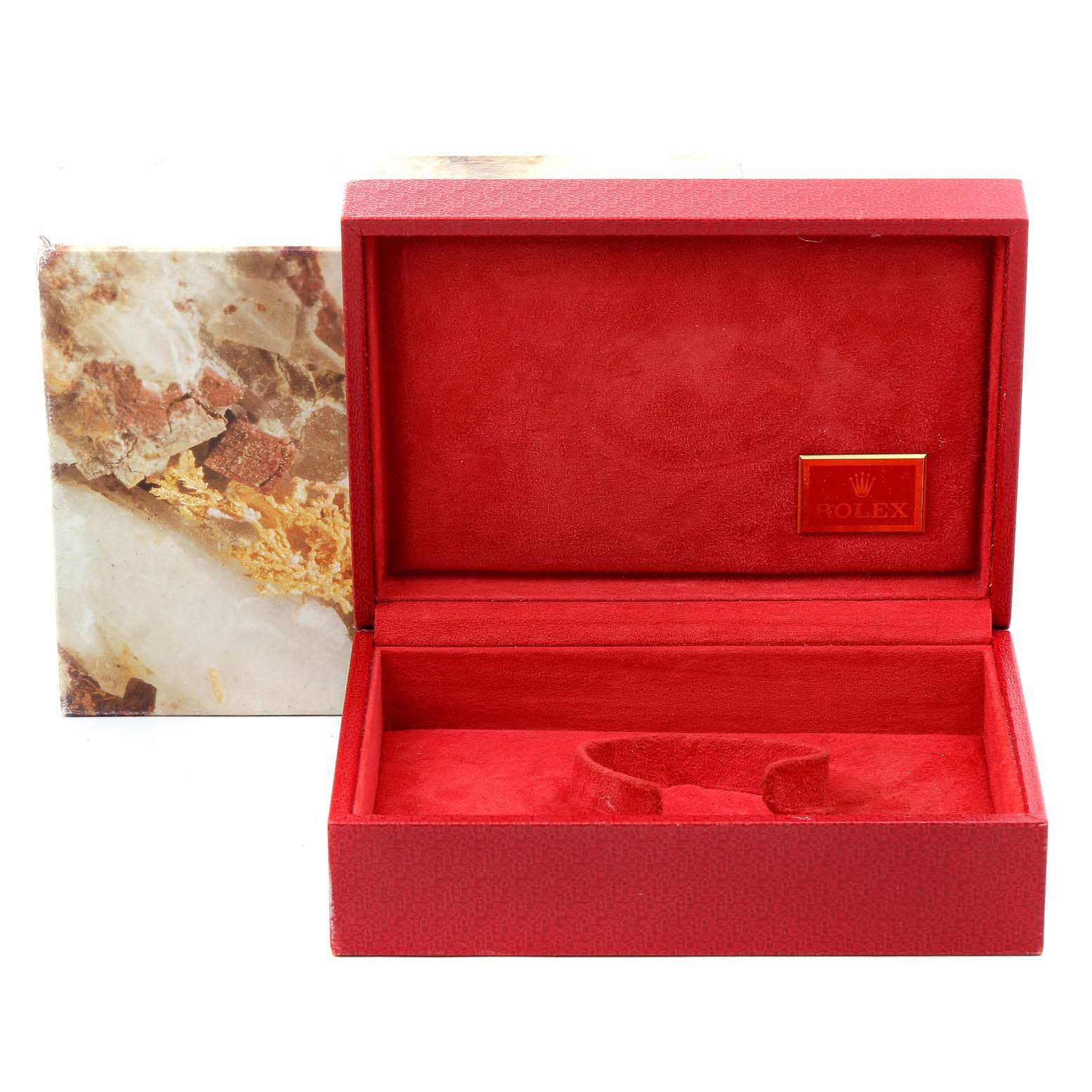 This image shows an open red watch box with a label indicating the Rolex brand, likely for a President model.