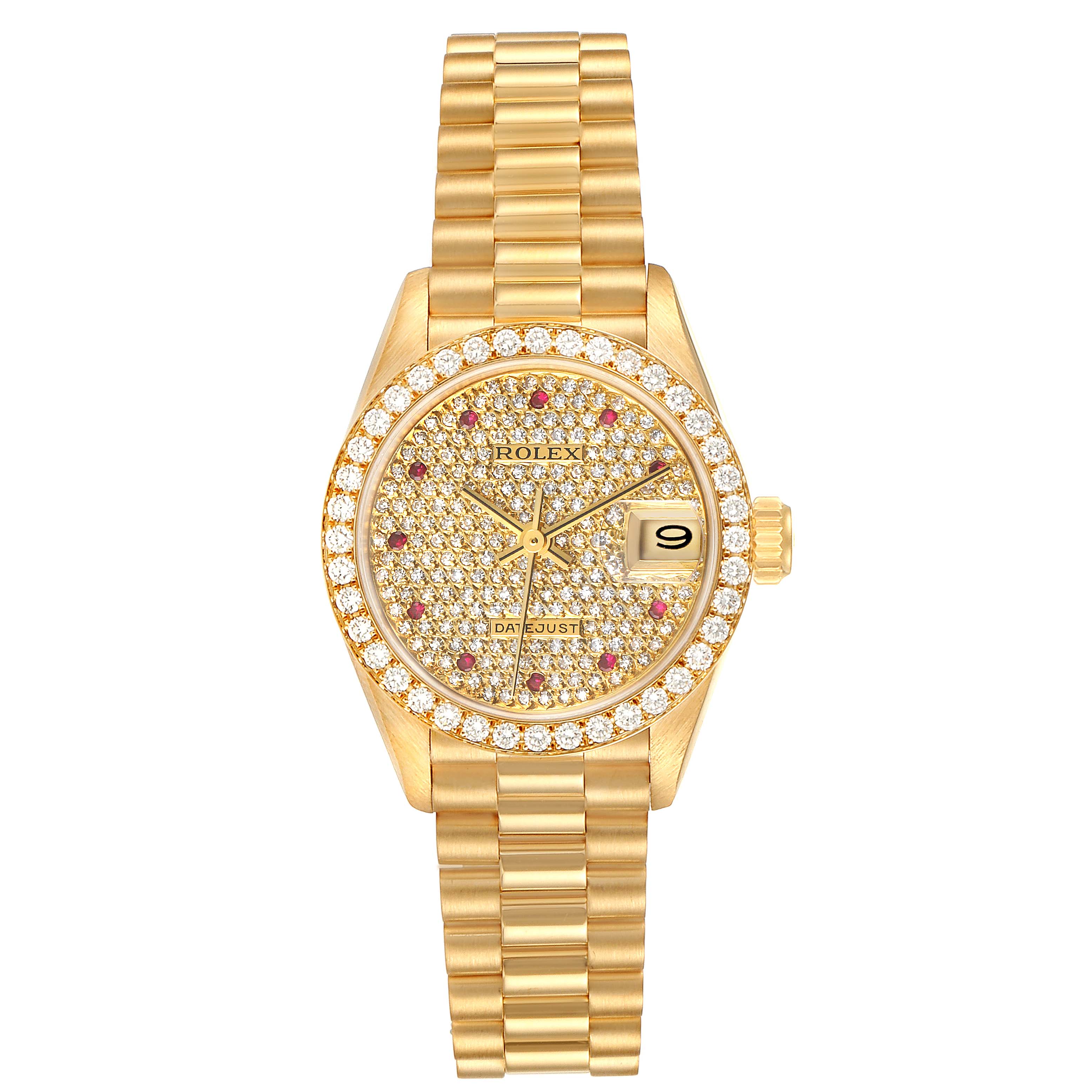 This image shows the front view of a Rolex President 69138 Women's Yellow Gold  69138 Women's Yellow Gold  model watch, highlighting its gold band, diamond-studded bezel, and date display.