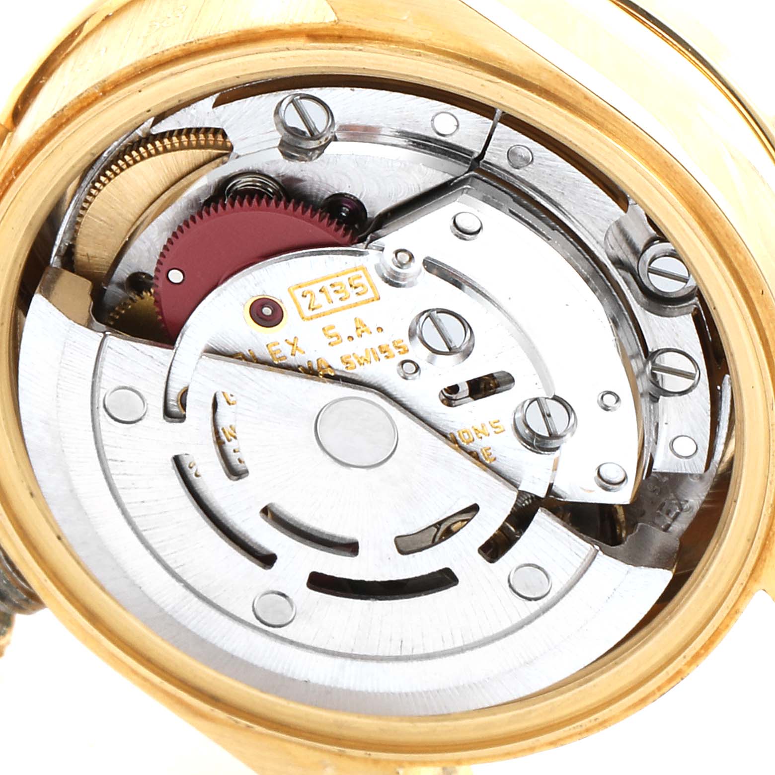 This is a close-up view of the internal movement mechanism of a Rolex President 69138 Women's Yellow Gold  69138 Women's Yellow Gold  model watch.