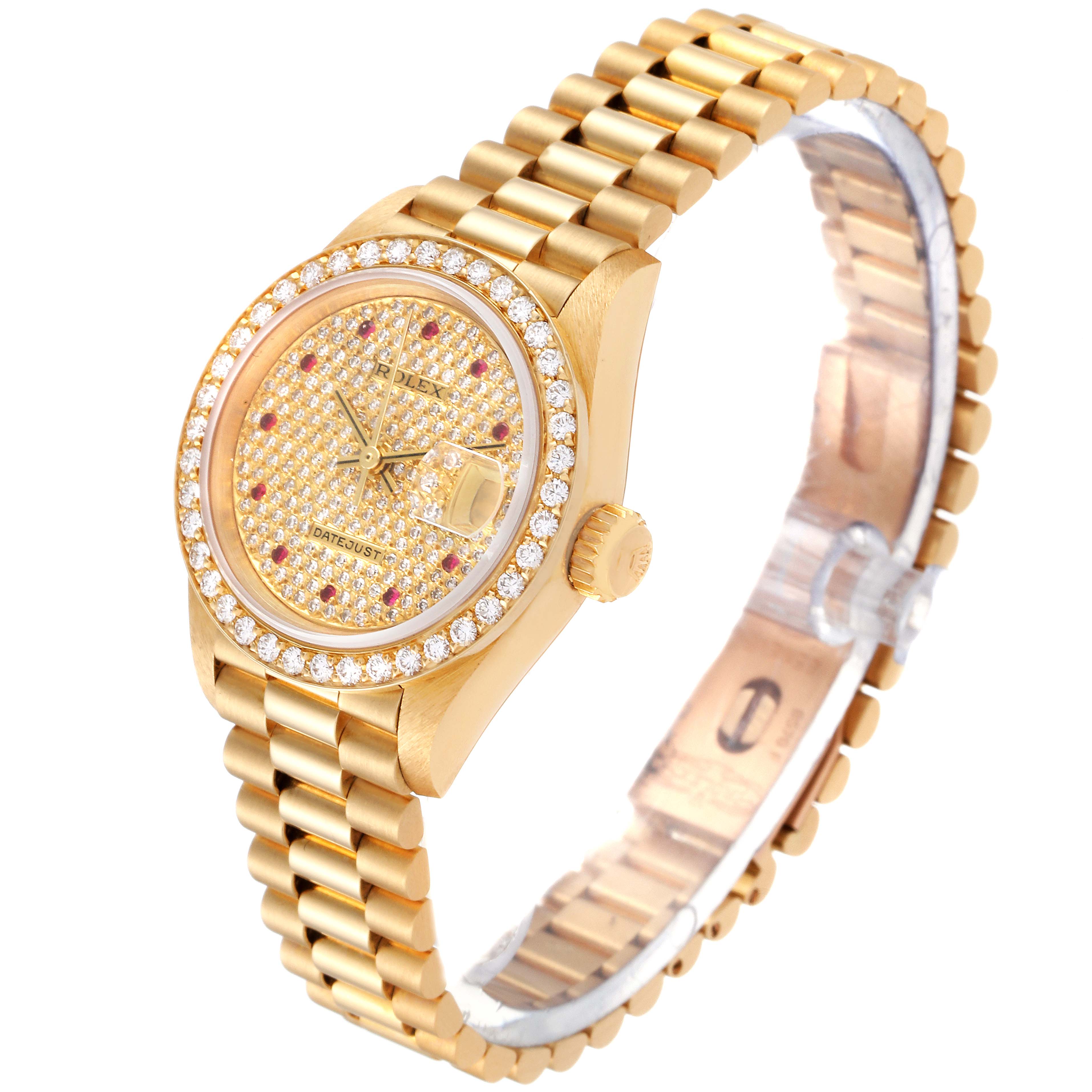 This Rolex President 69138 Women's Yellow Gold  69138 Women's Yellow Gold  model watch shown at a three-quarter angle highlights the dial, bezel, bracelet, and crown.