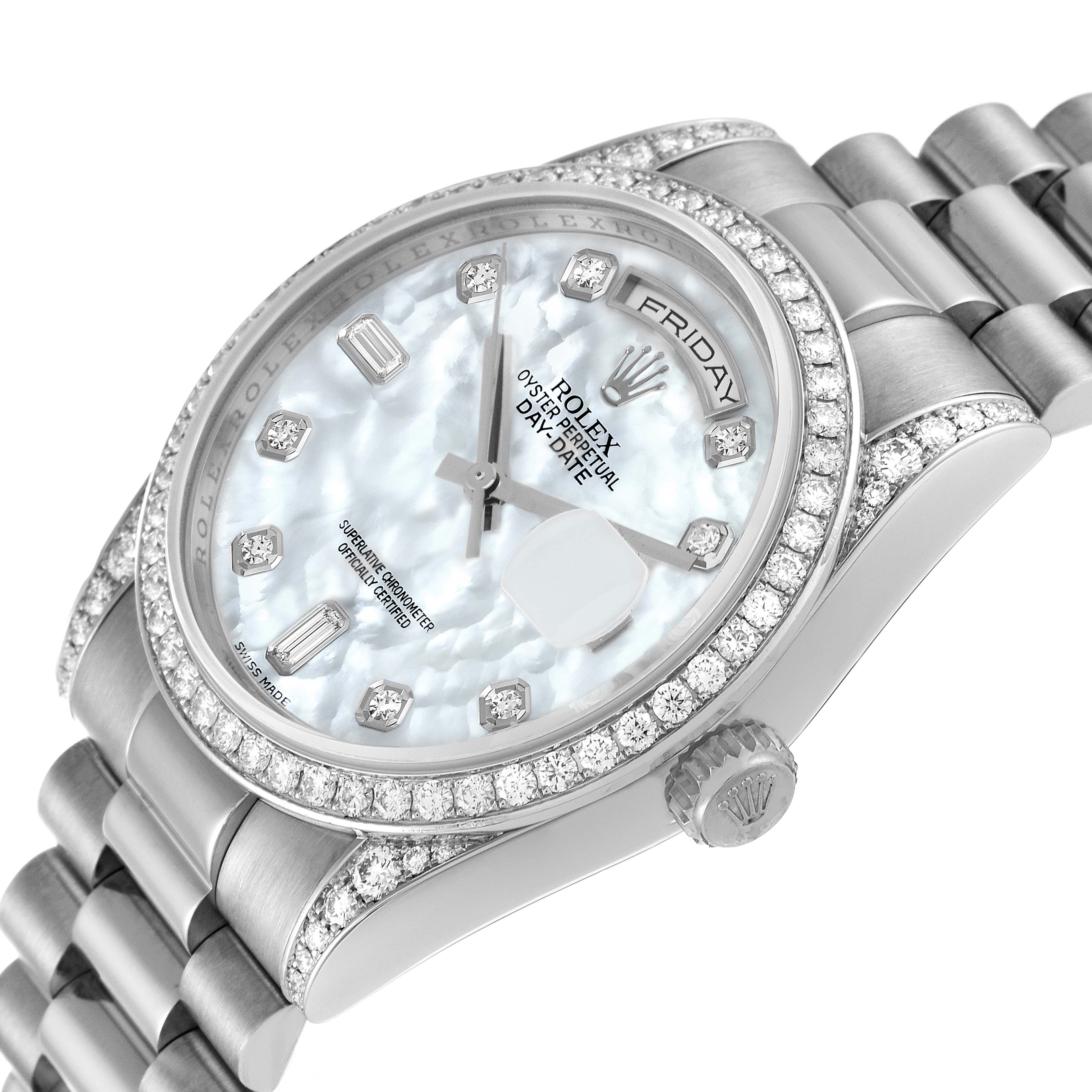 The image shows a close-up, angled view of the Rolex President 118389 Men's White Gold Mother of Pearl Dial 118389 Men's White Gold Mother of Pearl Dial model, displaying its face, bezel, dial, and part of the bracelet.