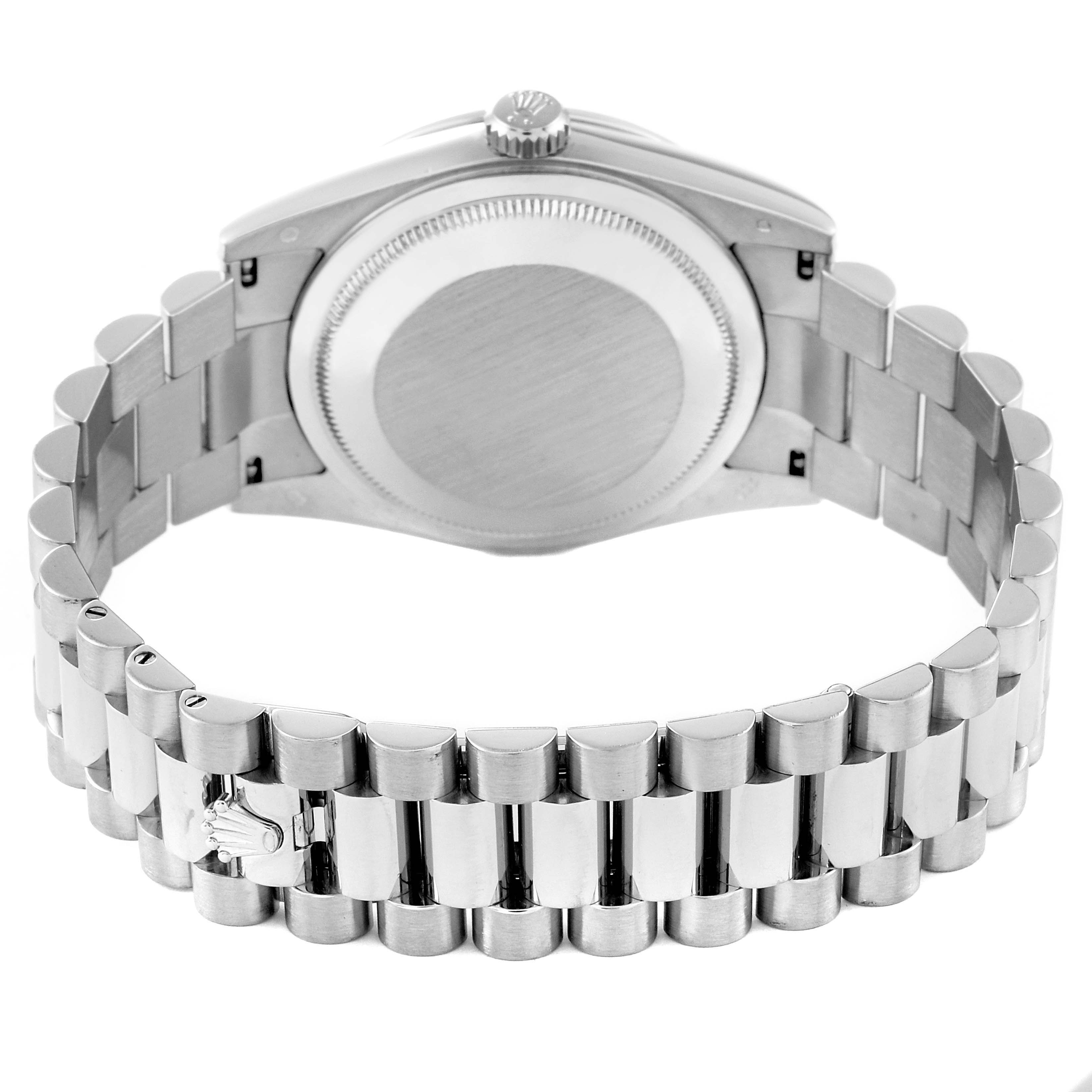 This image shows the back and bracelet of a Rolex President 118389 Men's White Gold Mother of Pearl Dial 118389 Men's White Gold Mother of Pearl Dial model watch, highlighting the clasp and caseback.