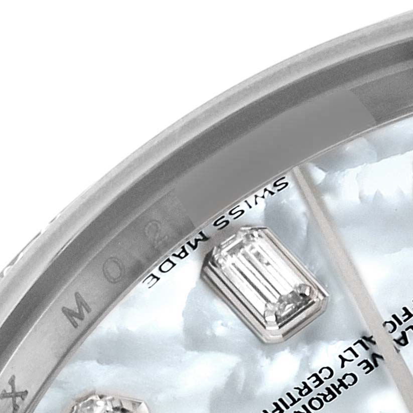The image shows a close-up of the dial edge and a diamond marker of a Rolex President 118389 Men's White Gold Mother of Pearl Dial 118389 Men's White Gold Mother of Pearl Dial model watch.