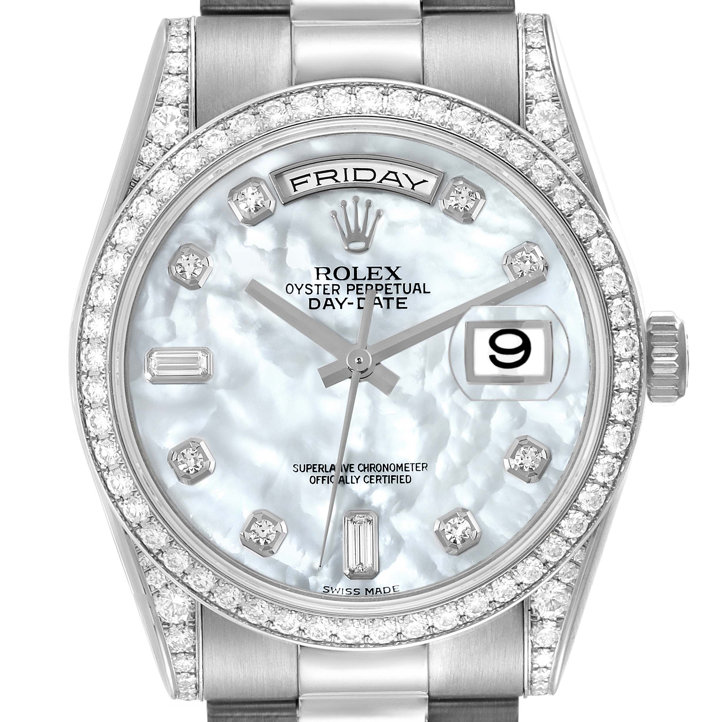 The image shows a Rolex President 118389 Men's White Gold Mother of Pearl Dial 118389 Men's White Gold Mother of Pearl Dial model watch from a front angle, highlighting its diamond bezel, dial, and bracelet.