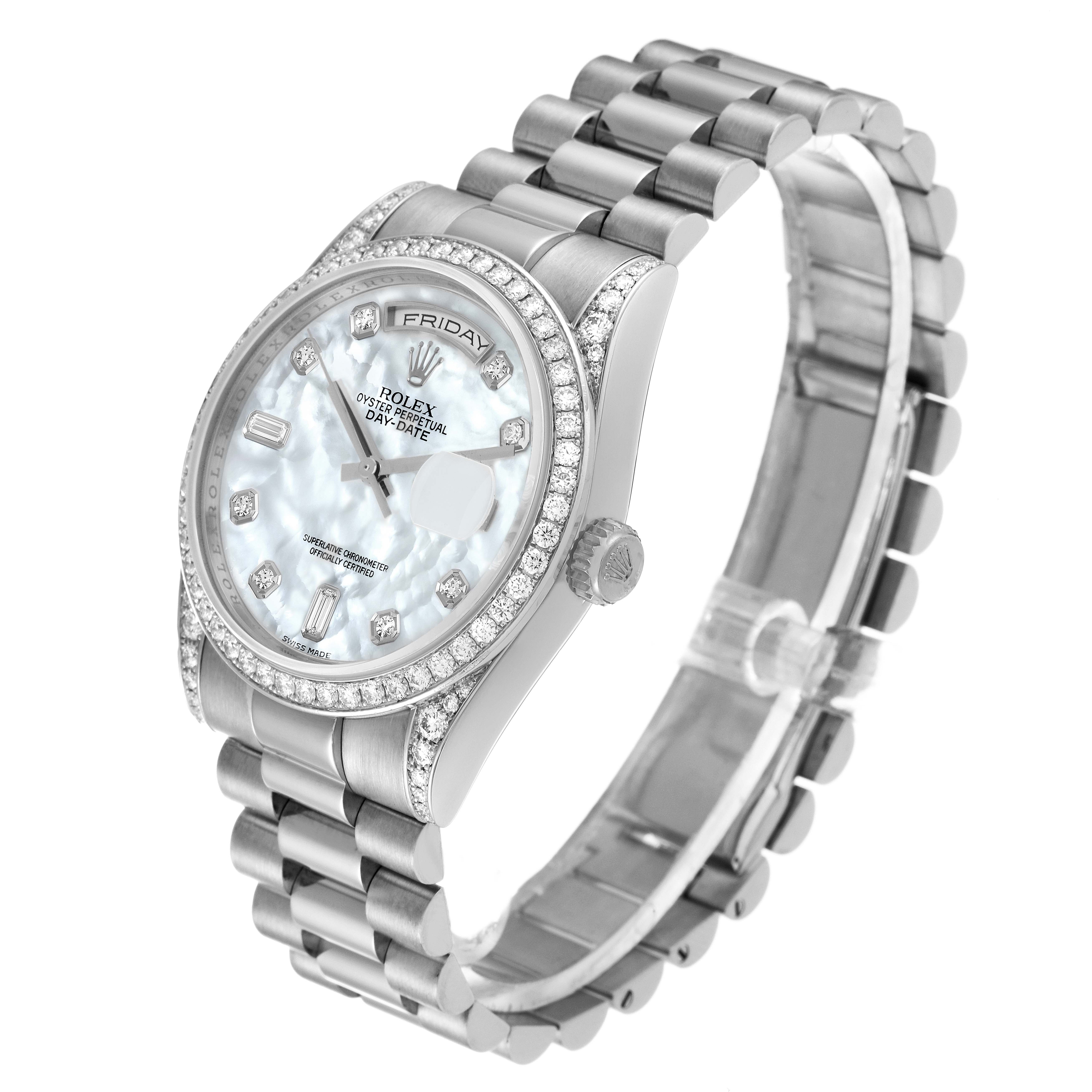 The image shows a Rolex President 118389 Men's White Gold Mother of Pearl Dial 118389 Men's White Gold Mother of Pearl Dial model watch at a three-quarter angle, highlighting the bracelet, dial, and partially visible crown.