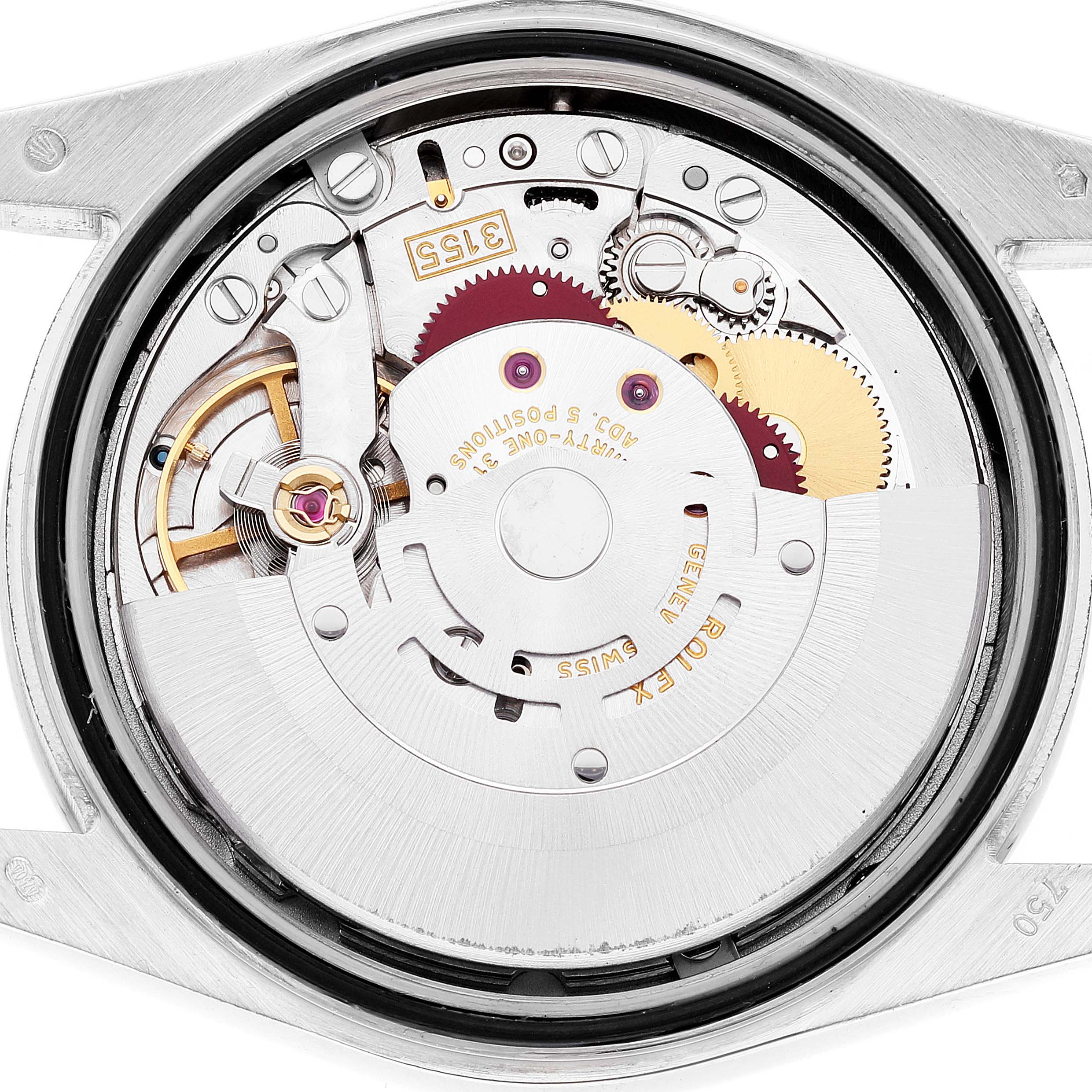 This image shows the internal mechanical movement of a Rolex President 118389 Men's White Gold Mother of Pearl Dial 118389 Men's White Gold Mother of Pearl Dial model watch from a top-down angle.