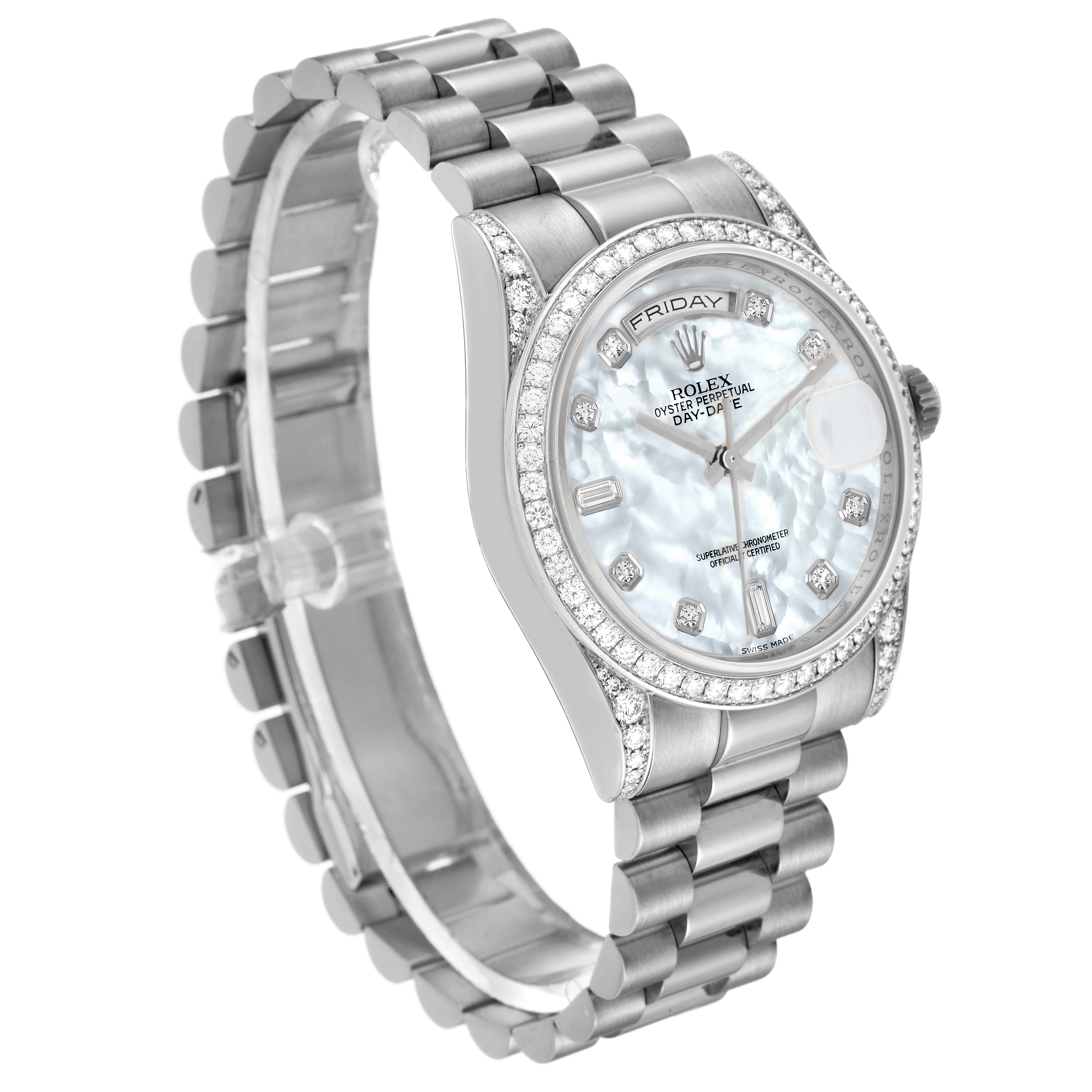 This image shows a side and frontal view of a Rolex President 118389 Men's White Gold Mother of Pearl Dial 118389 Men's White Gold Mother of Pearl Dial watch, highlighting its band, face, and bezel with diamonds.