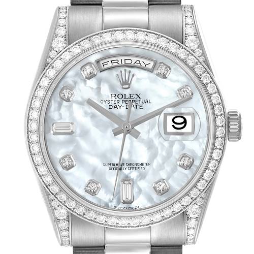 Photo of Rolex President Day-Date White Gold Mother of Pearl Diamond Mens Watch 118389 Box Card