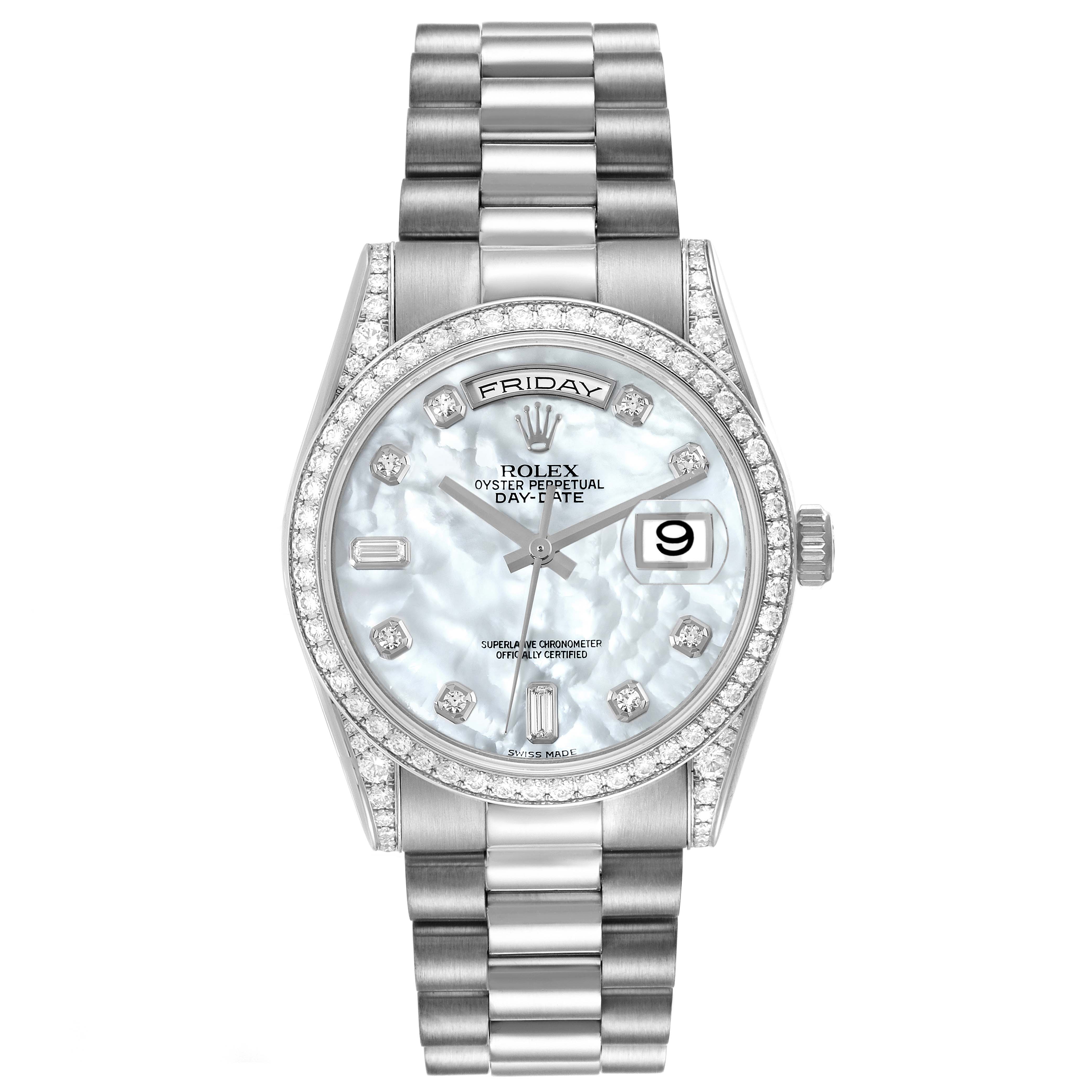 The image shows a front view of a Rolex President 118389 Men's White Gold Mother of Pearl Dial 118389 Men's White Gold Mother of Pearl Dial Day-Date watch with a silver band and diamond-set bezel.