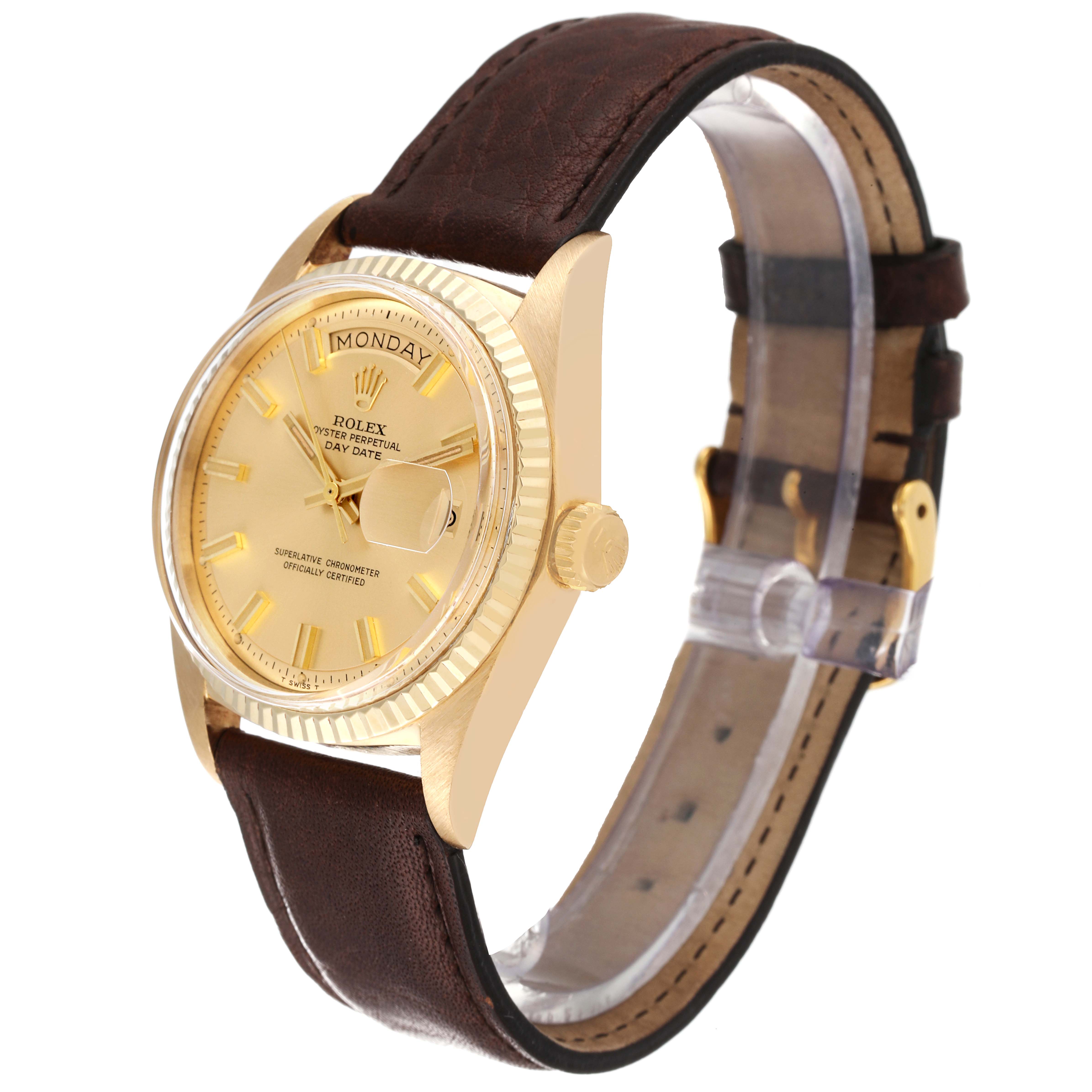 The Rolex Vintage Collection 1803 Men's Yellow Gold Champagne Dial 1803 Men's Yellow Gold Champagne Dial watch is shown from a three-quarter angle, highlighting its gold bezel, dial, and brown leather strap.