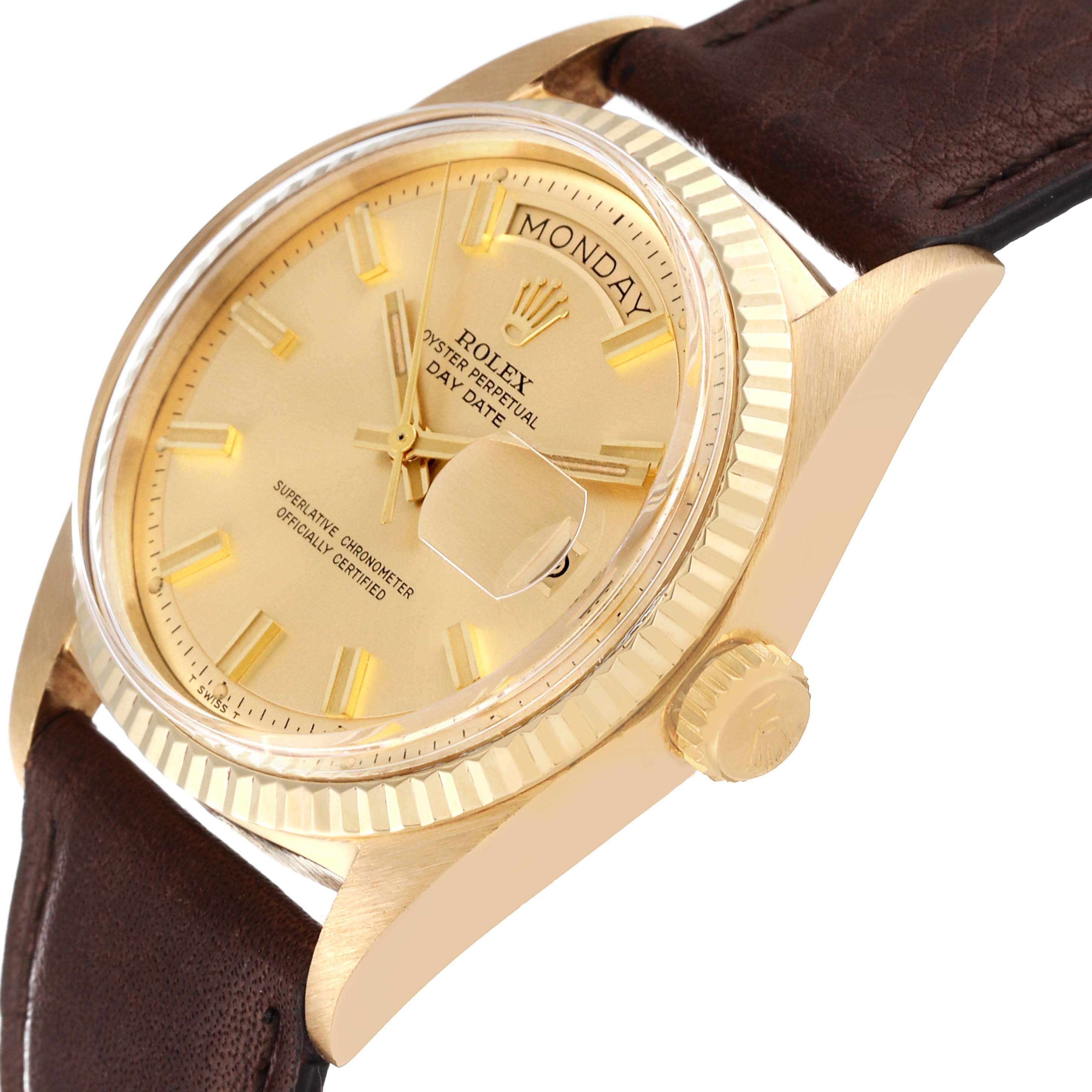 The image shows a close-up angled view of the Rolex Vintage Collection 1803 Men's Yellow Gold Champagne Dial 1803 Men's Yellow Gold Champagne Dial watch, highlighting the face, crown, and brown leather strap.