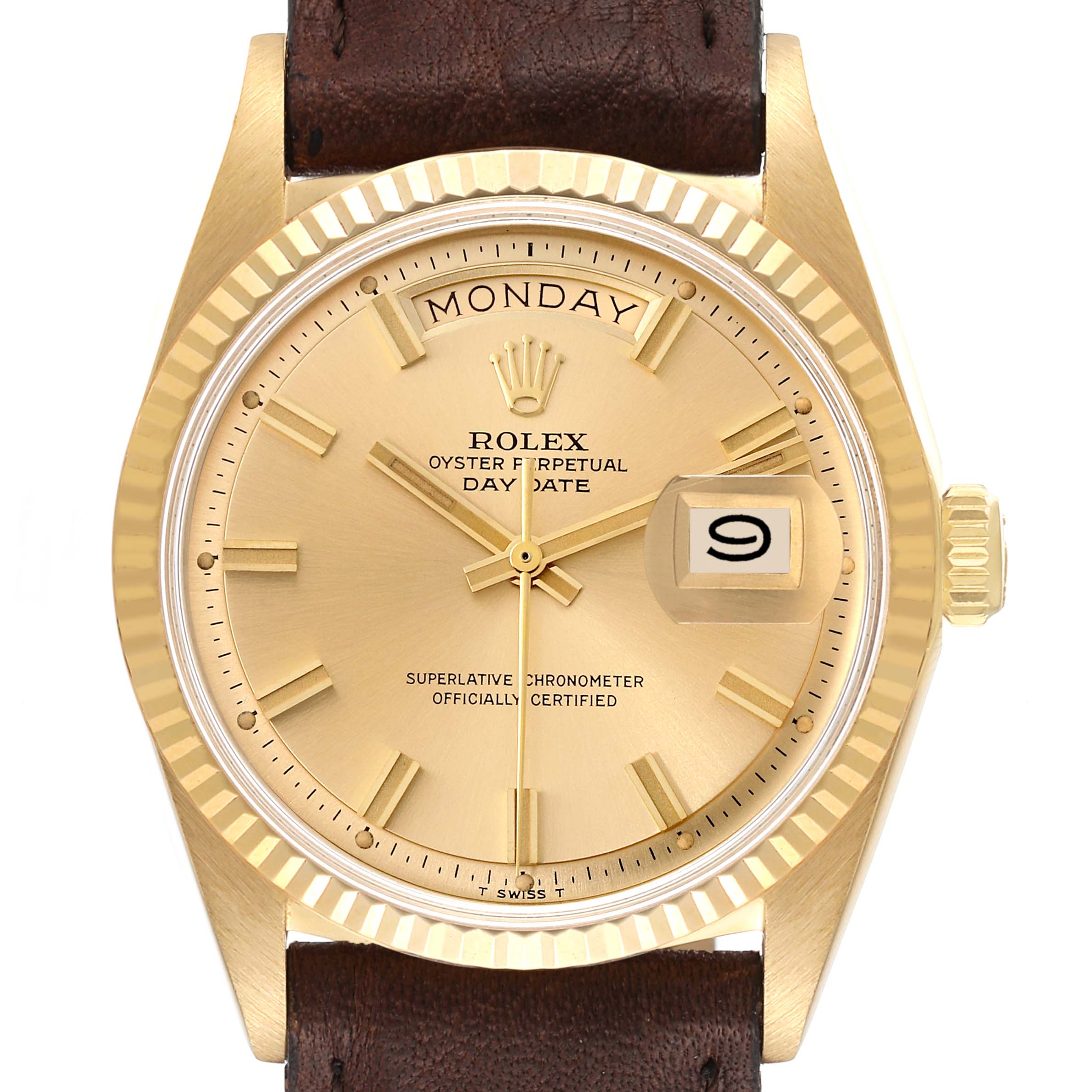 This image shows a frontal view of a Rolex Vintage Collection 1803 Men's Yellow Gold Champagne Dial 1803 Men's Yellow Gold Champagne Dial Day-Date watch with a brown leather strap.