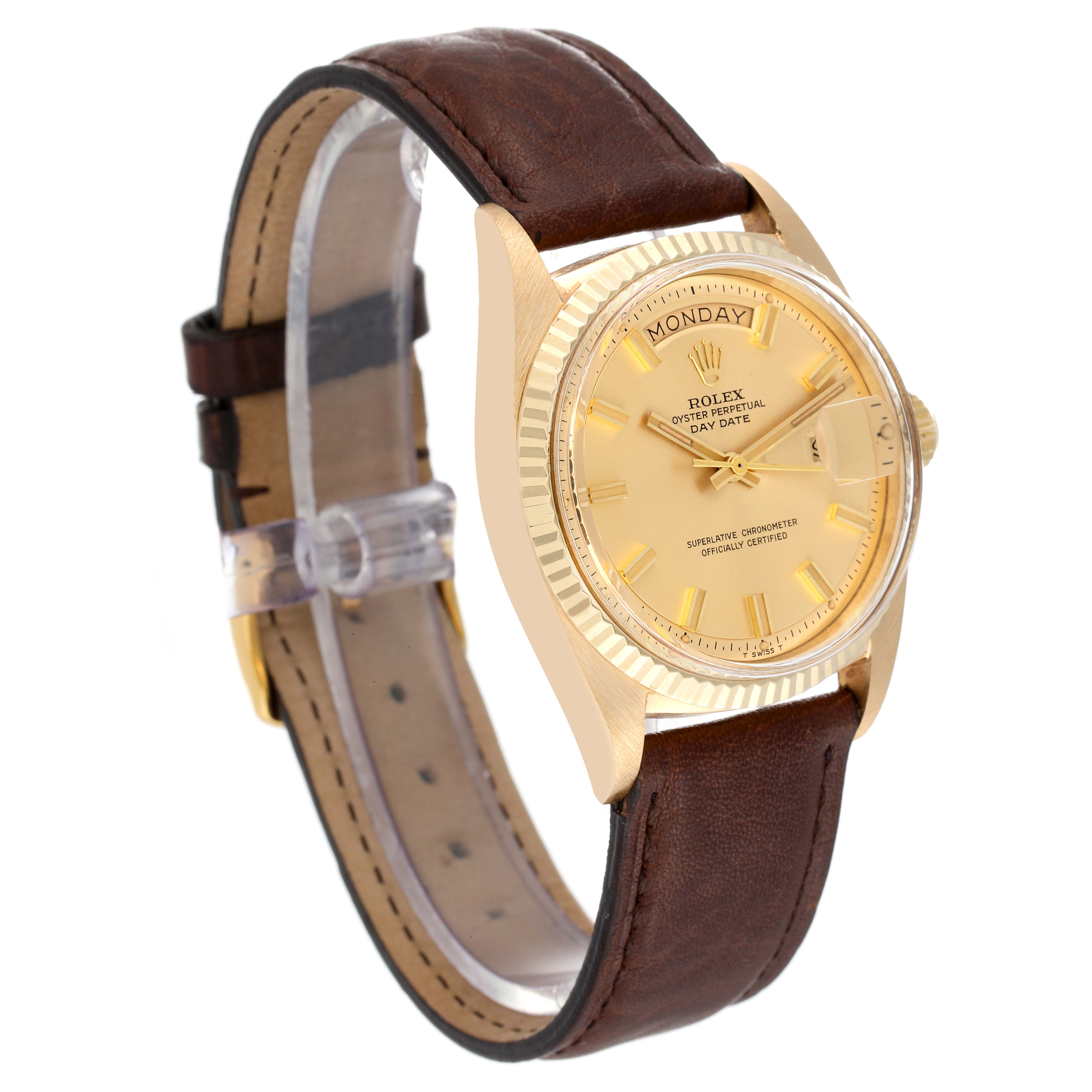The image shows a Rolex Vintage Collection 1803 Men's Yellow Gold Champagne Dial 1803 Men's Yellow Gold Champagne Dial watch at an oblique angle, highlighting the gold case and brown leather strap.