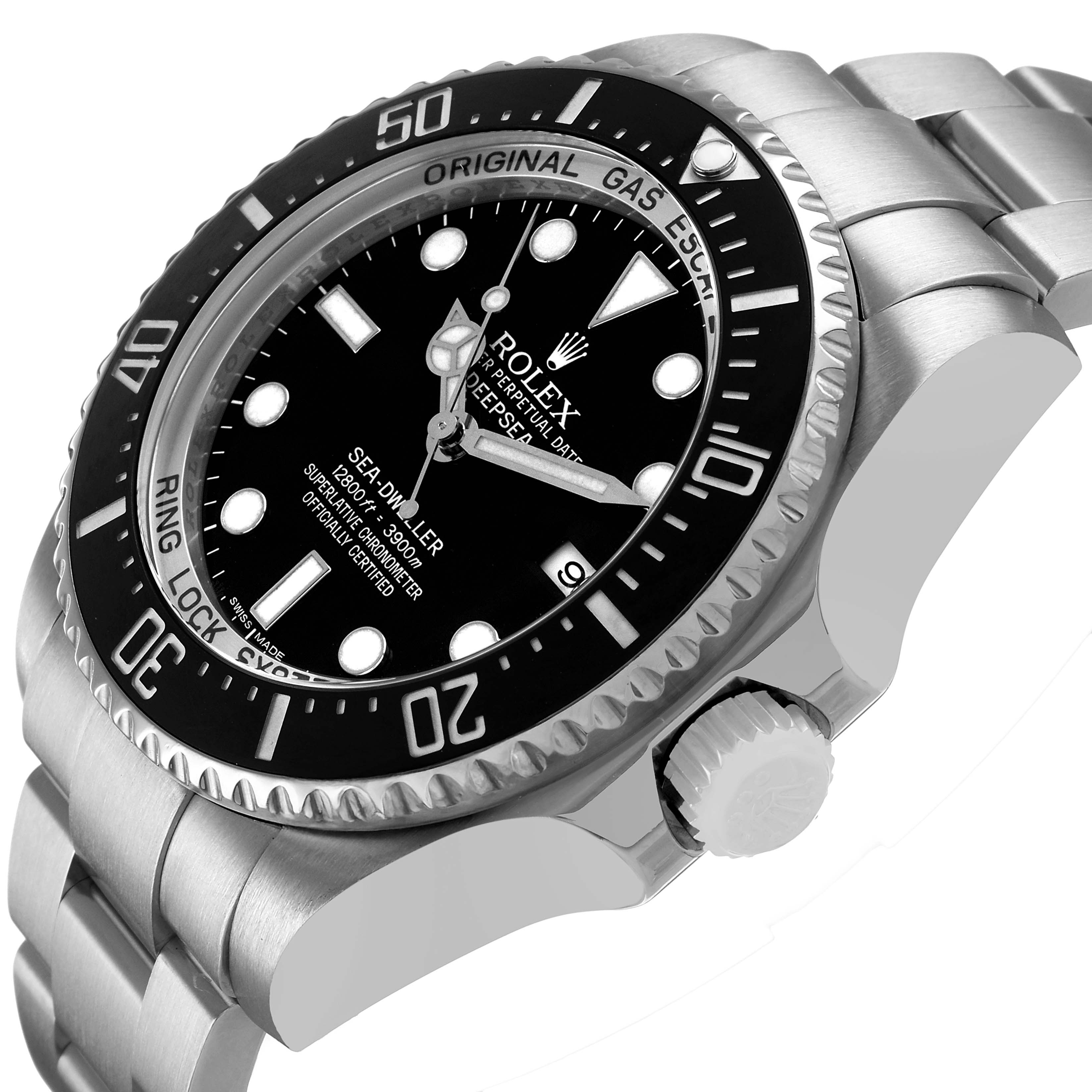 The Rolex Sea-Dweller 116660 Men's Stainless Steel Black Dial watch is shown at an angled side view, highlighting the bezel, crown, and bracelet.