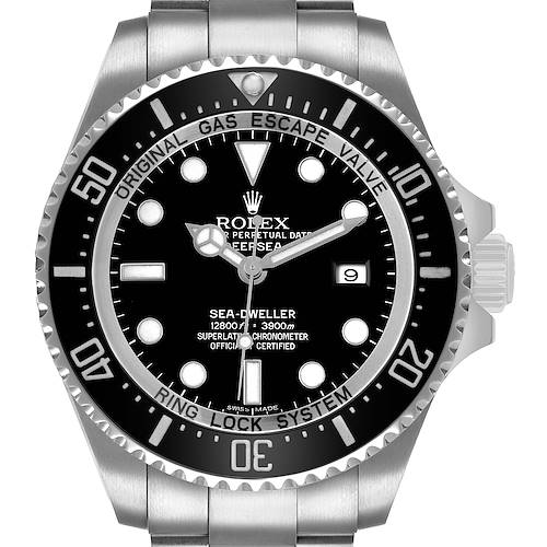 The Rolex Sea-Dweller 116660 Men's Stainless Steel Black Dial watch is shown from the front, displaying the face, bezel, and part of the bracelet.