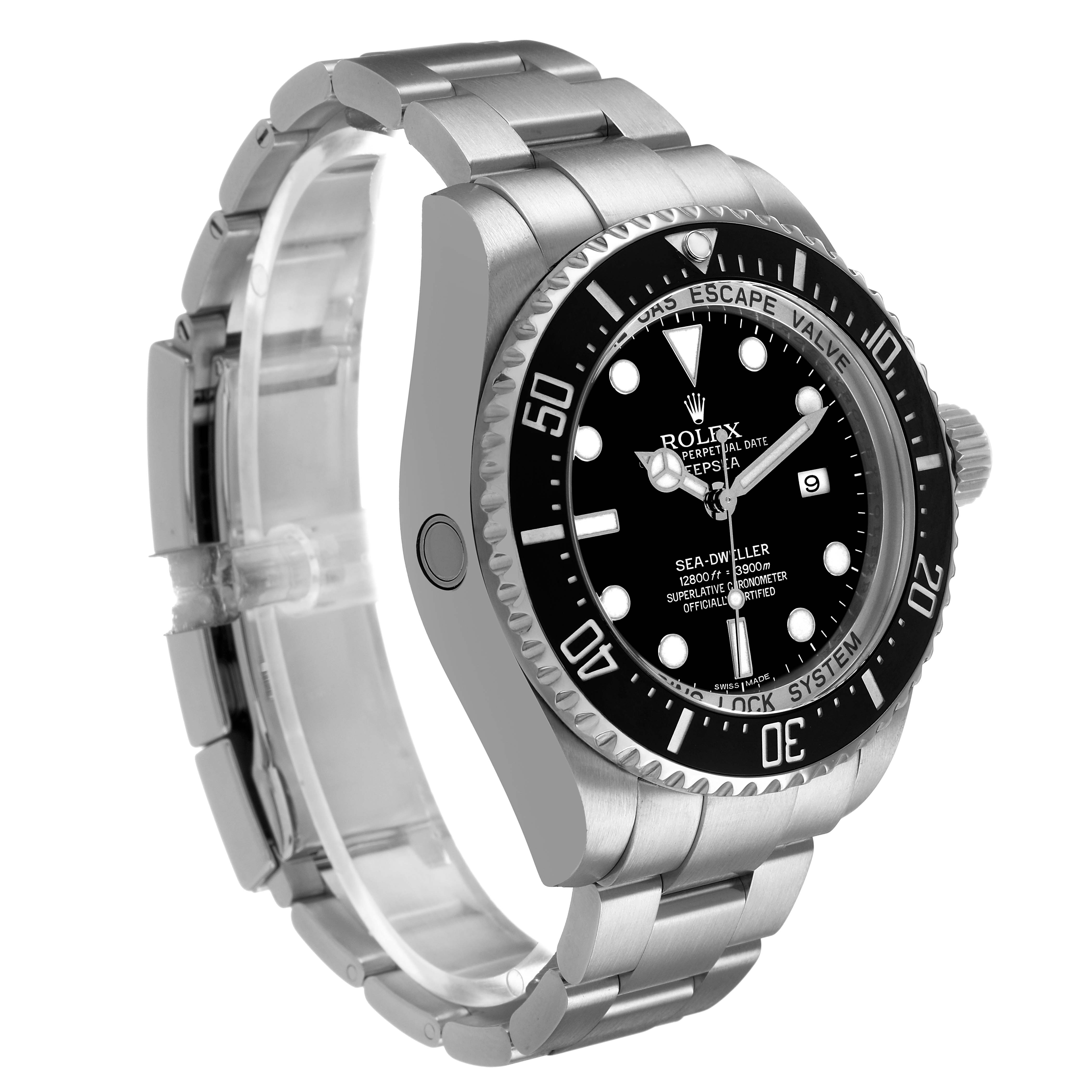 The Rolex Sea-Dweller 116660 Men's Stainless Steel Black Dial watch is shown from a three-quarter angle, displaying the face, bezel, and bracelet.