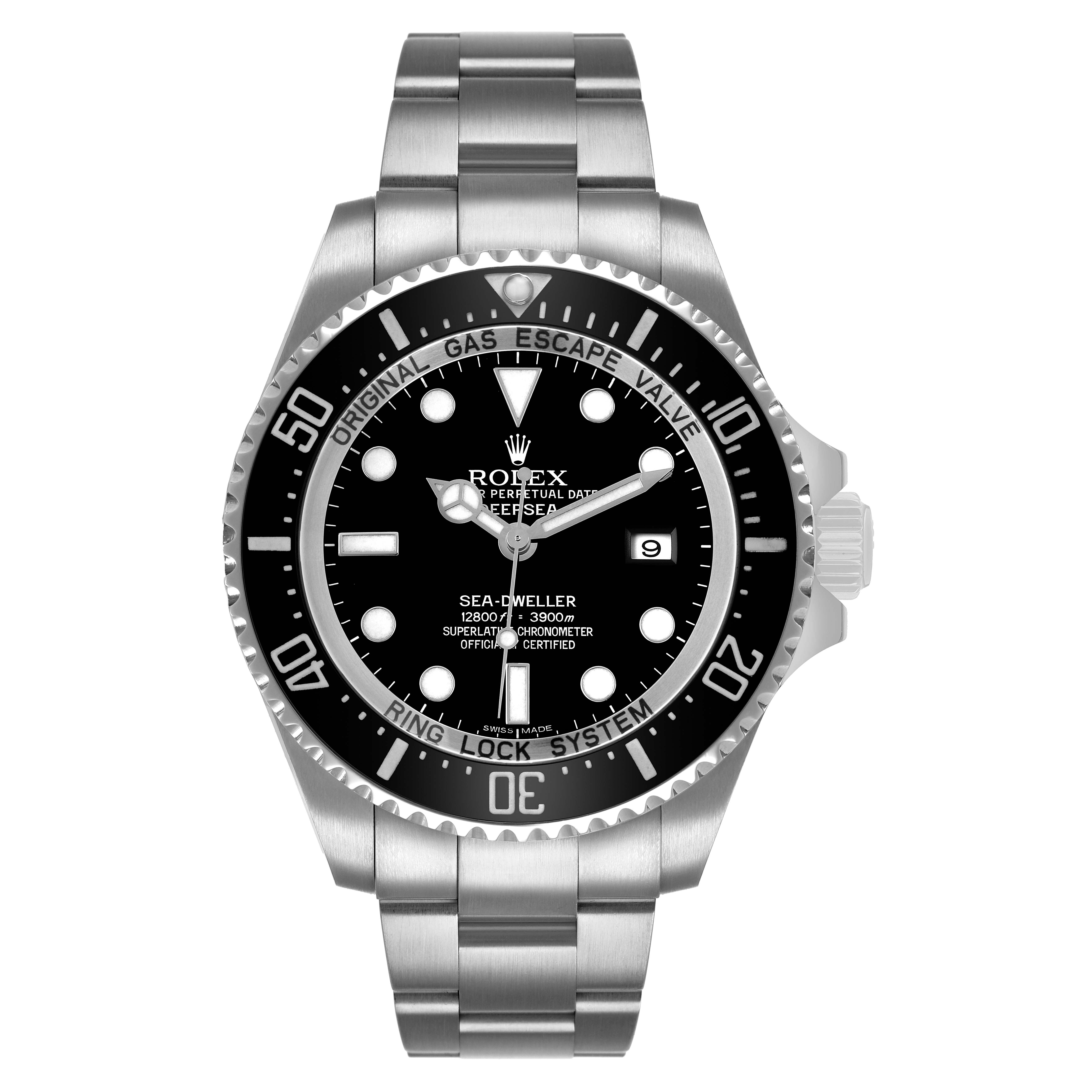 The image shows a front view of the Rolex Sea-Dweller 116660 Men's Stainless Steel Black Dial watch, displaying the dial, hands, bezel, and part of the bracelet.