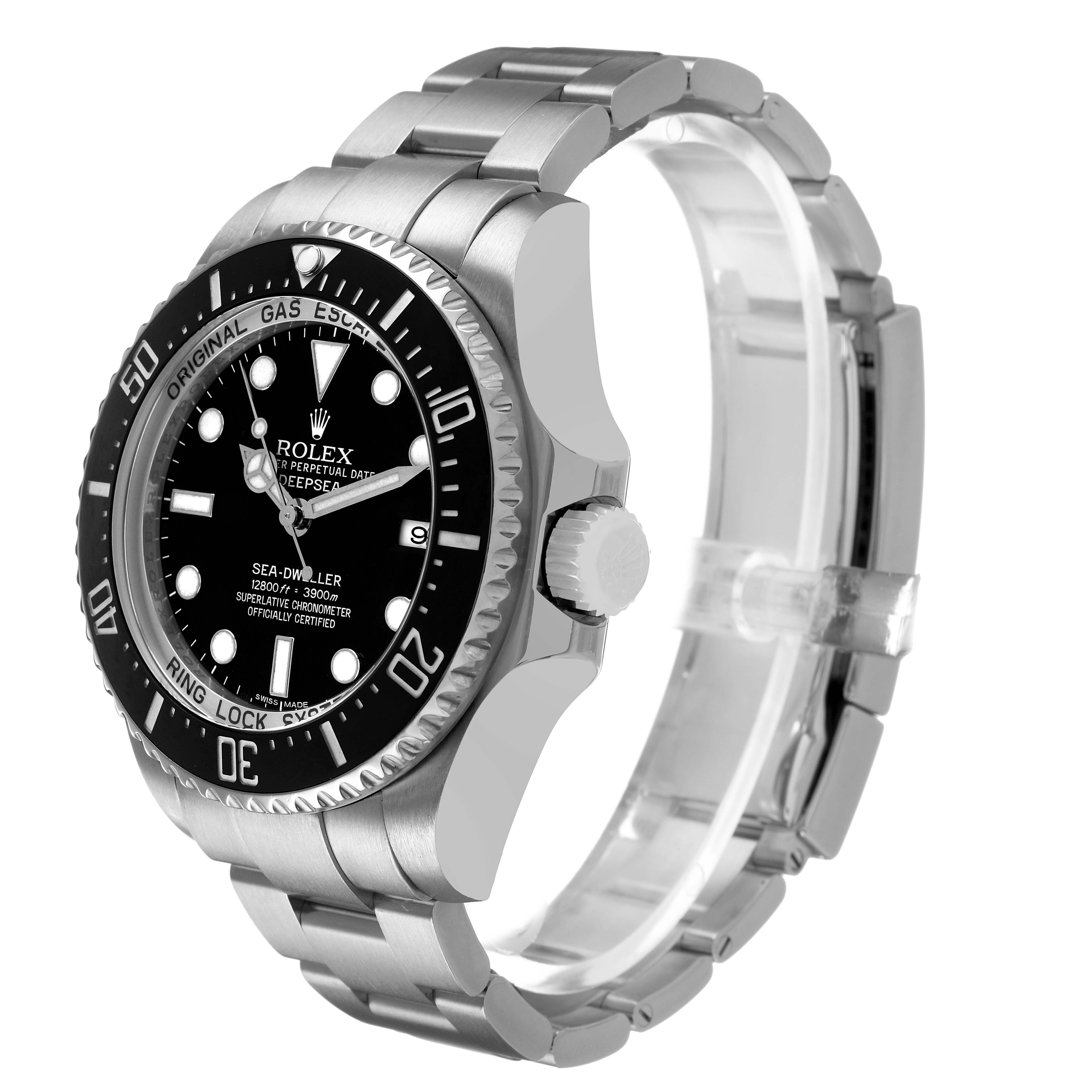 The Rolex Sea-Dweller 116660 Men's Stainless Steel Black Dial watch is shown at a slight side angle, highlighting the bezel, dial, crown, and bracelet.