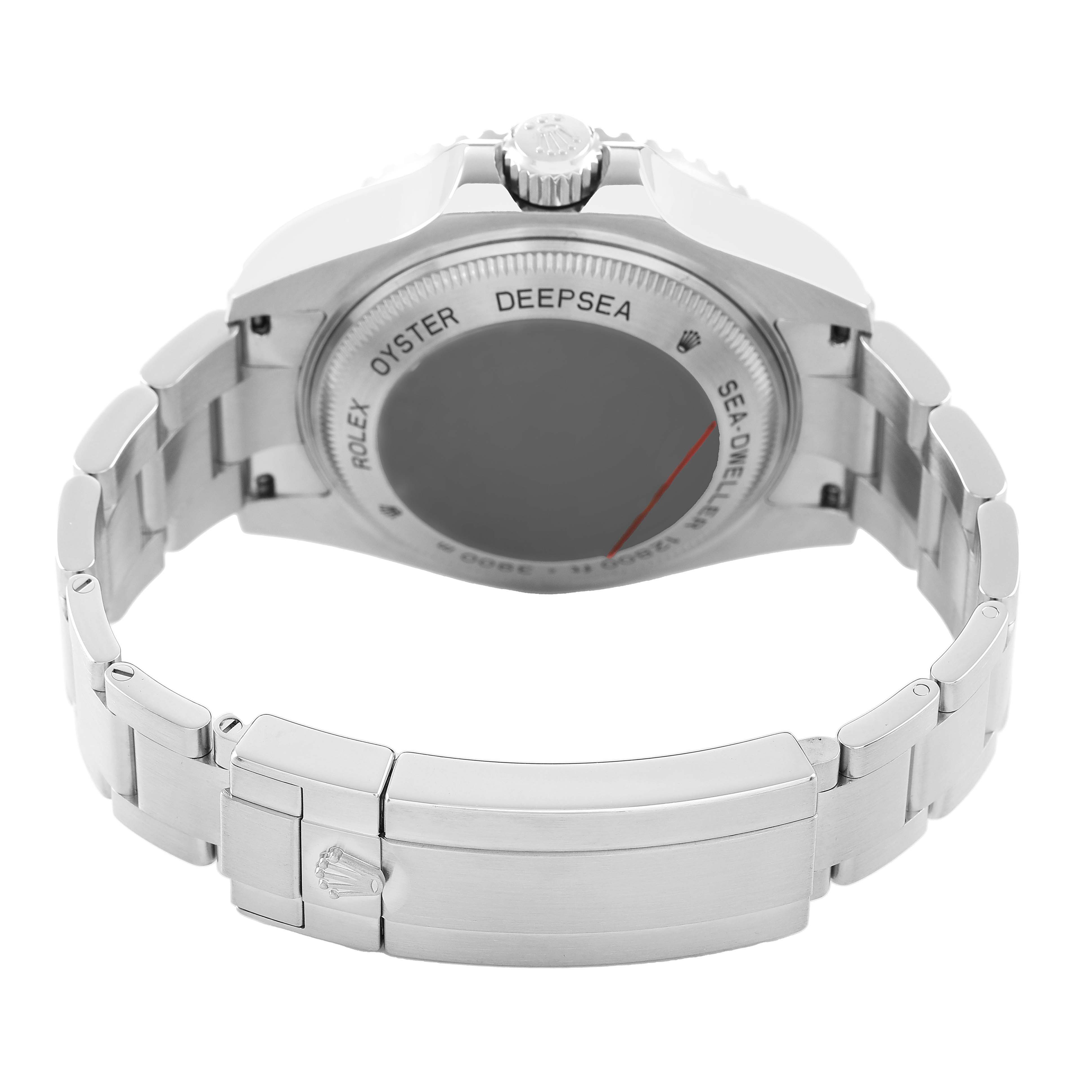 The image shows the back of a Rolex Sea-Dweller 116660 Men's Stainless Steel Black Dial watch, featuring the case back, bracelet, and clasp.