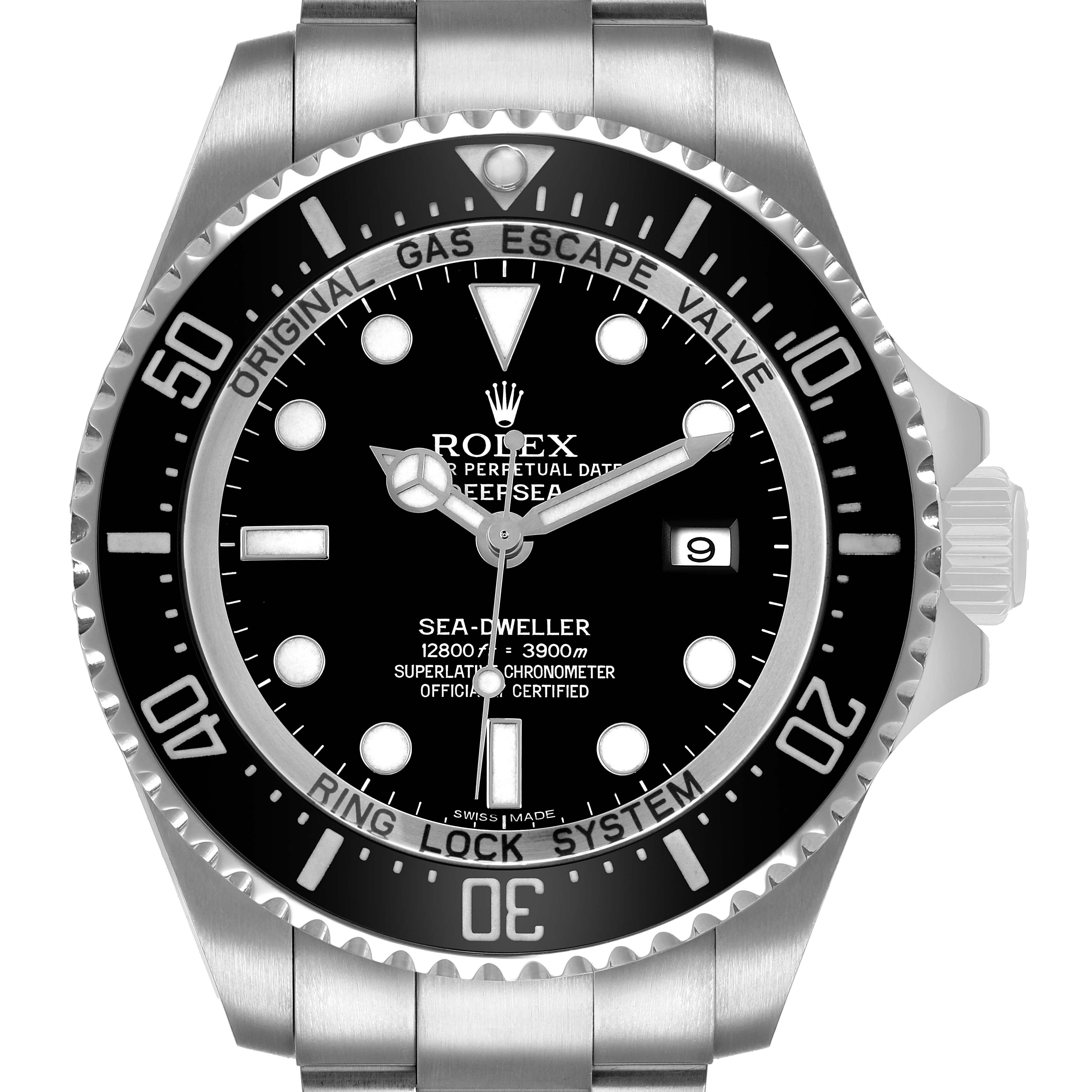 The Rolex Sea-Dweller 116660 Men's Stainless Steel Black Dial is shown from a front angle, highlighting the dial, bezel, and bracelet.