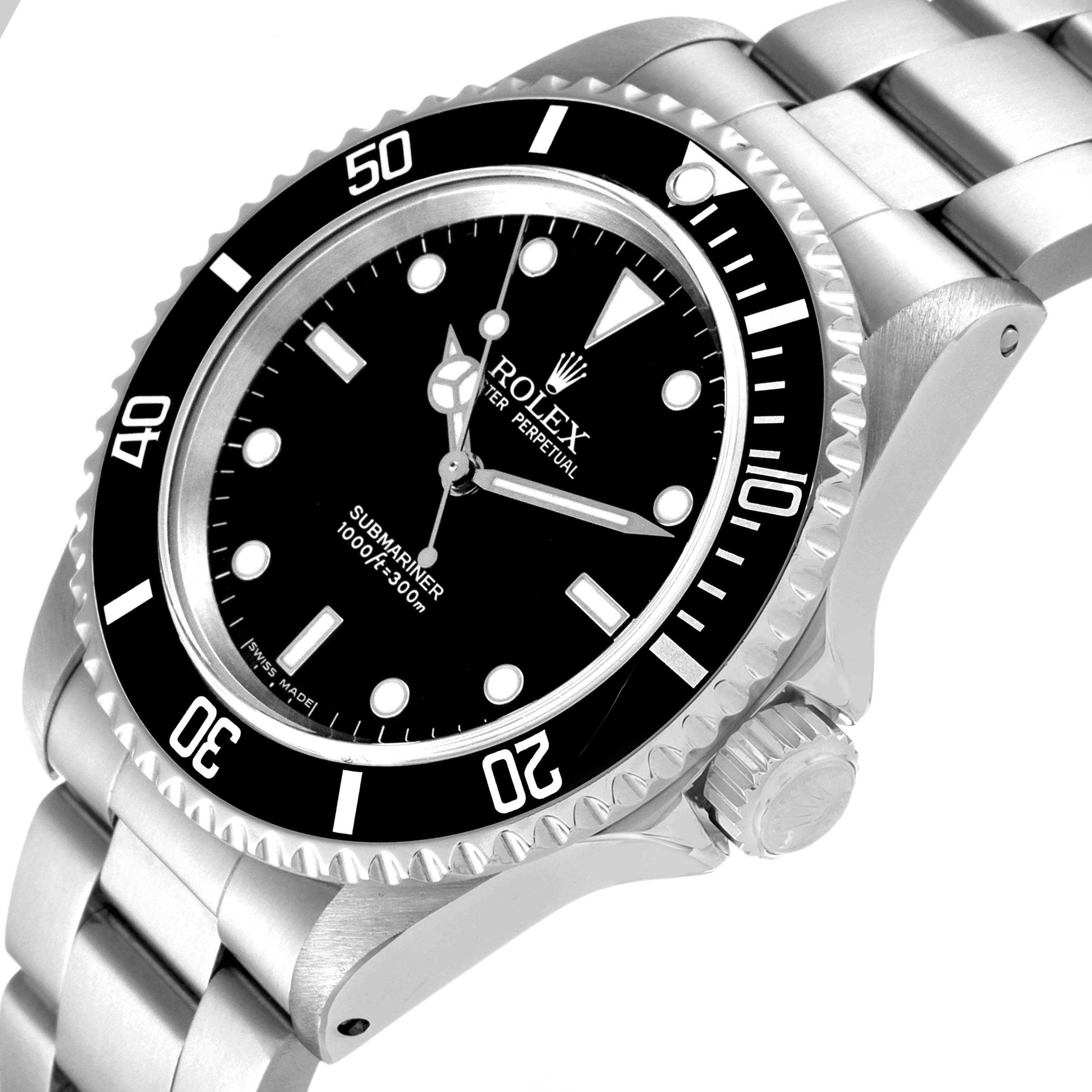 The image shows a Rolex Submariner 14060 Men
s Stainless Steel Black Dial 14060 Men
s Stainless Steel Black Dial watch angled to highlight its black dial, bezel, and stainless steel bracelet.