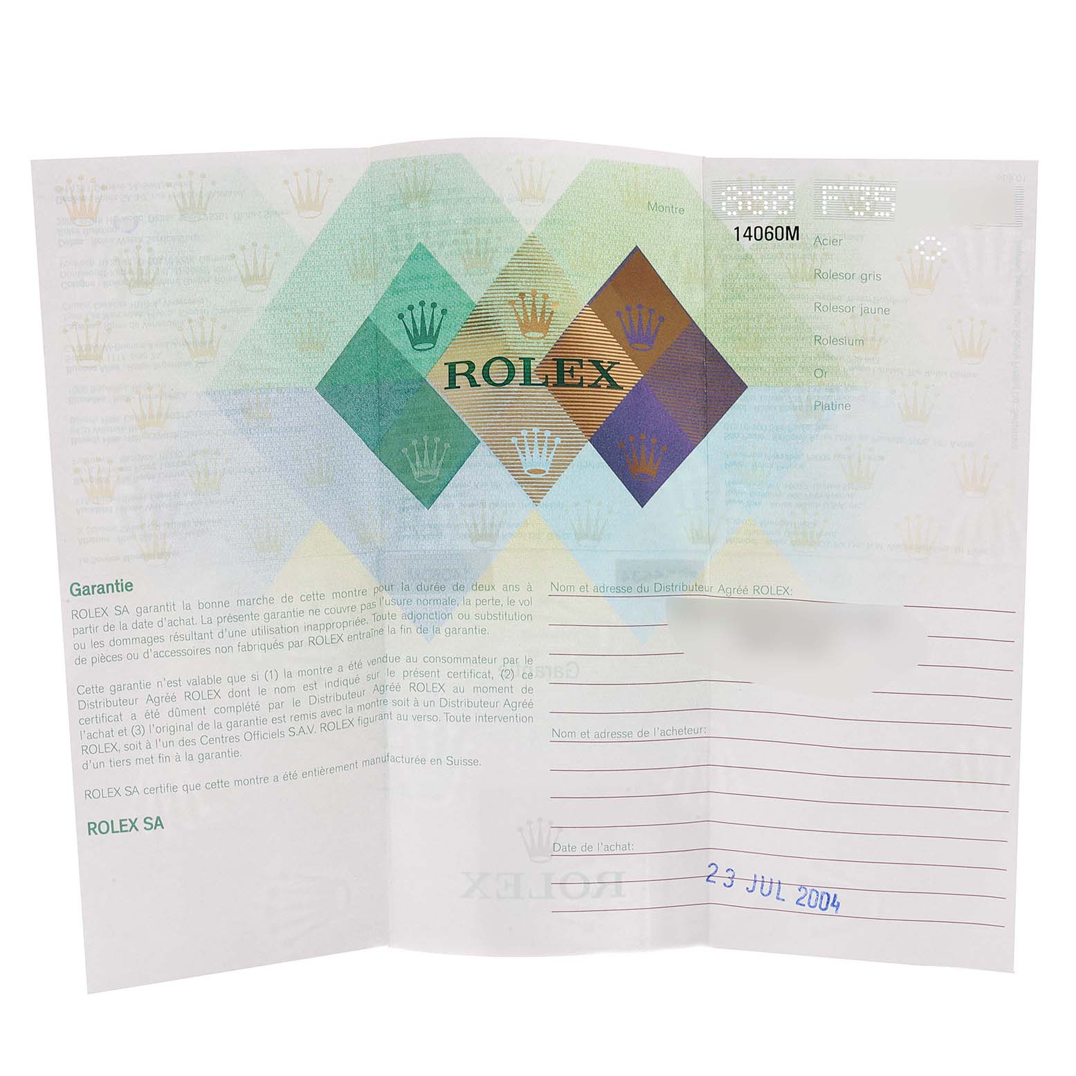 The image shows a warranty certificate for a Rolex Submariner 14060 Men
s Stainless Steel Black Dial 14060 Men
s Stainless Steel Black Dial watch, model 14060M, dated 23 July 2004.