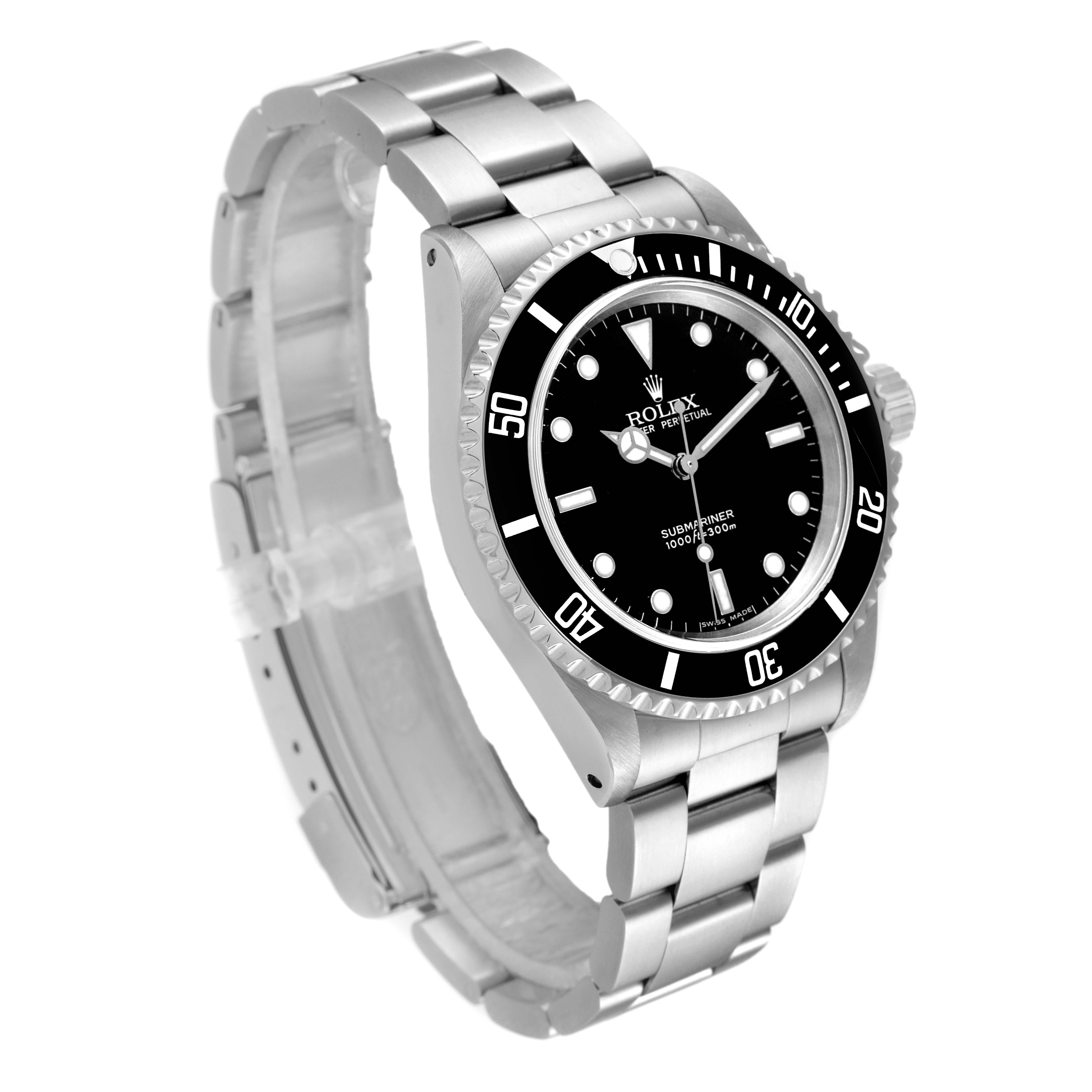 This image shows a Rolex Submariner 14060 Men
s Stainless Steel Black Dial 14060 Men
s Stainless Steel Black Dial watch from a front angled perspective, highlighting the dial, bezel, case, and bracelet.