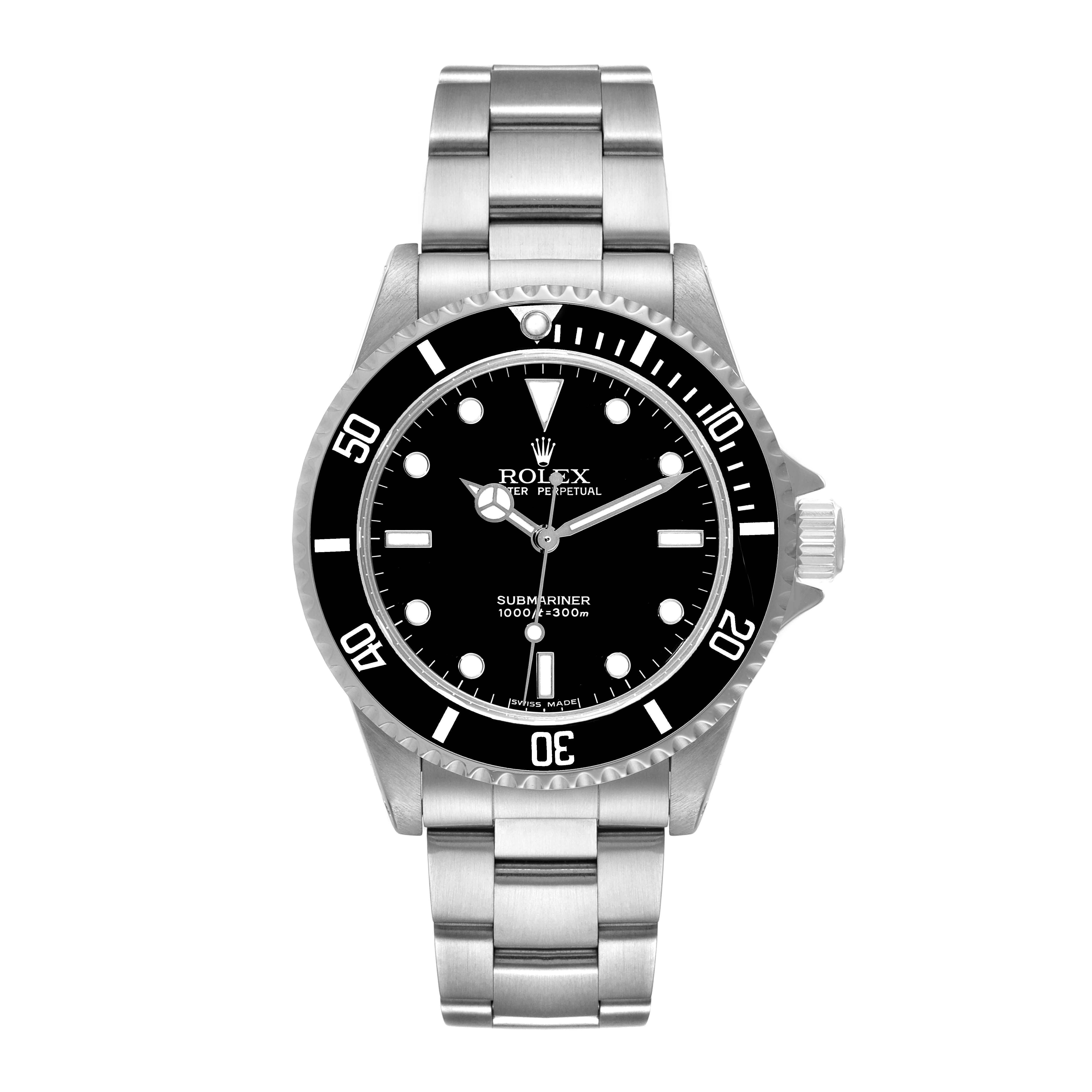 The image shows a frontal view of a Rolex Submariner 14060 Men
s Stainless Steel Black Dial 14060 Men
s Stainless Steel Black Dial, featuring its black dial, bezel, and stainless steel bracelet.