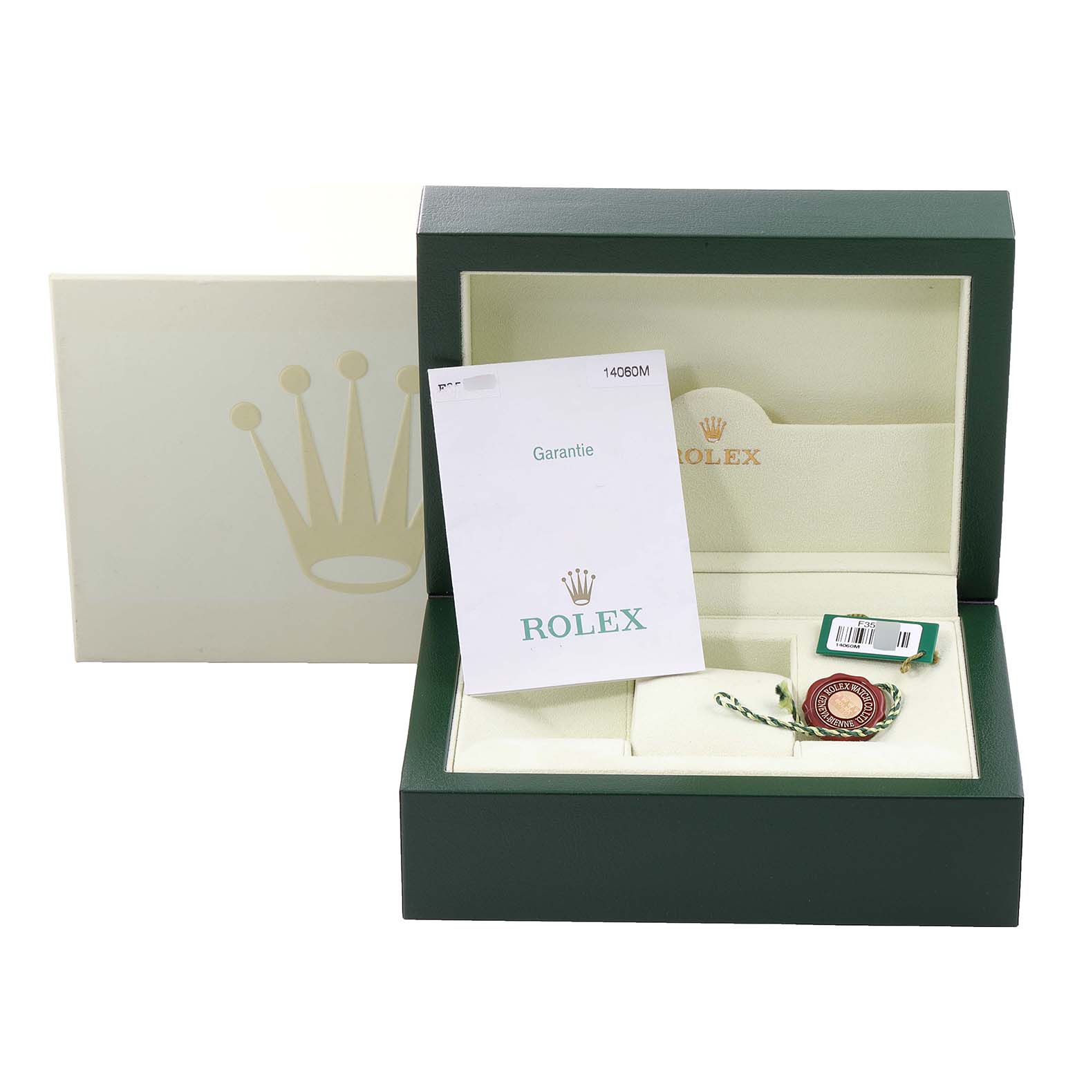 The image shows an open Rolex Submariner 14060 Men
s Stainless Steel Black Dial 14060 Men
s Stainless Steel Black Dial watch box with warranty card and accessories viewed from the front angle.