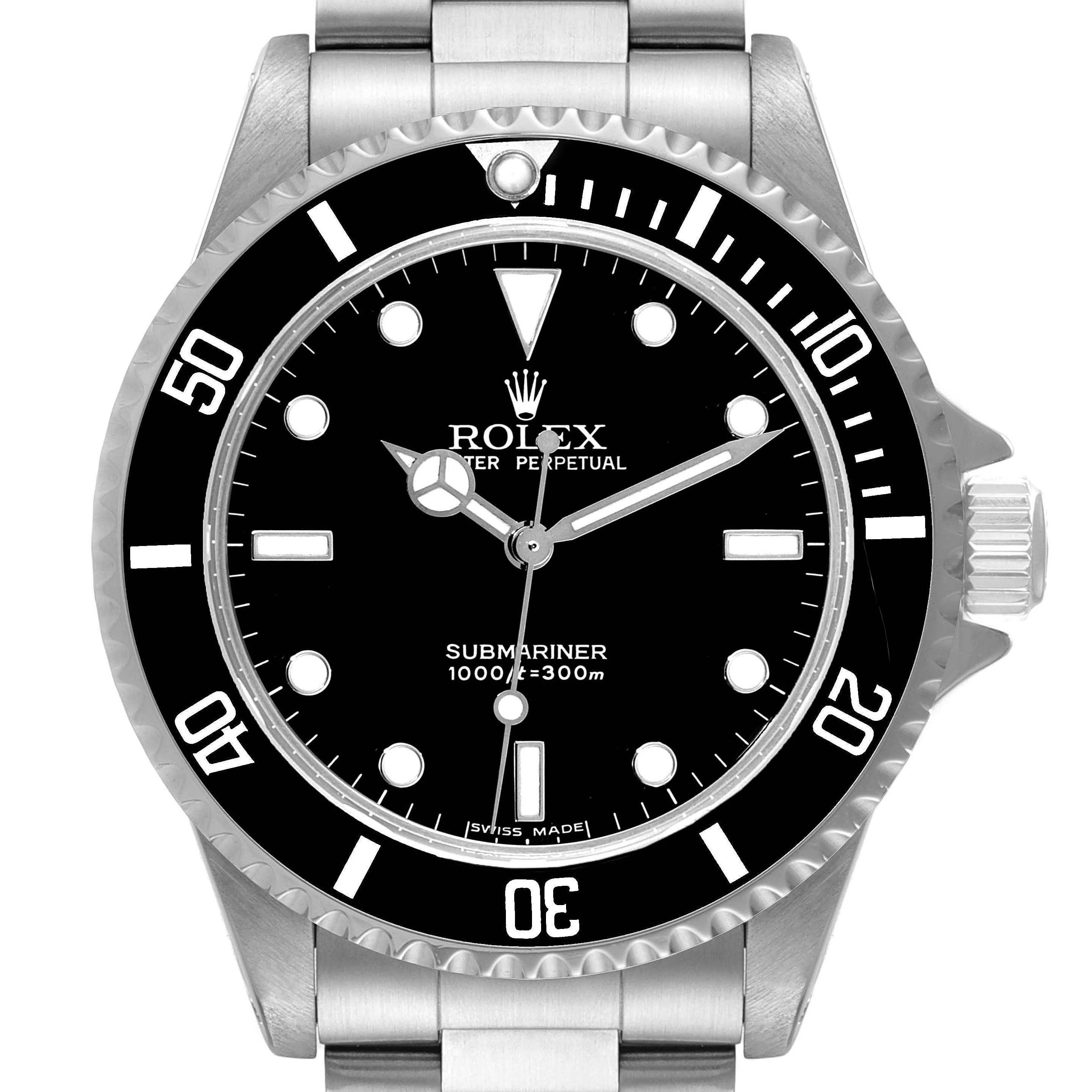 This image shows a front view of the Rolex Submariner 14060 Men
s Stainless Steel Black Dial 14060 Men
s Stainless Steel Black Dial watch, featuring the black dial, bezel, crown, and part of the bracelet.