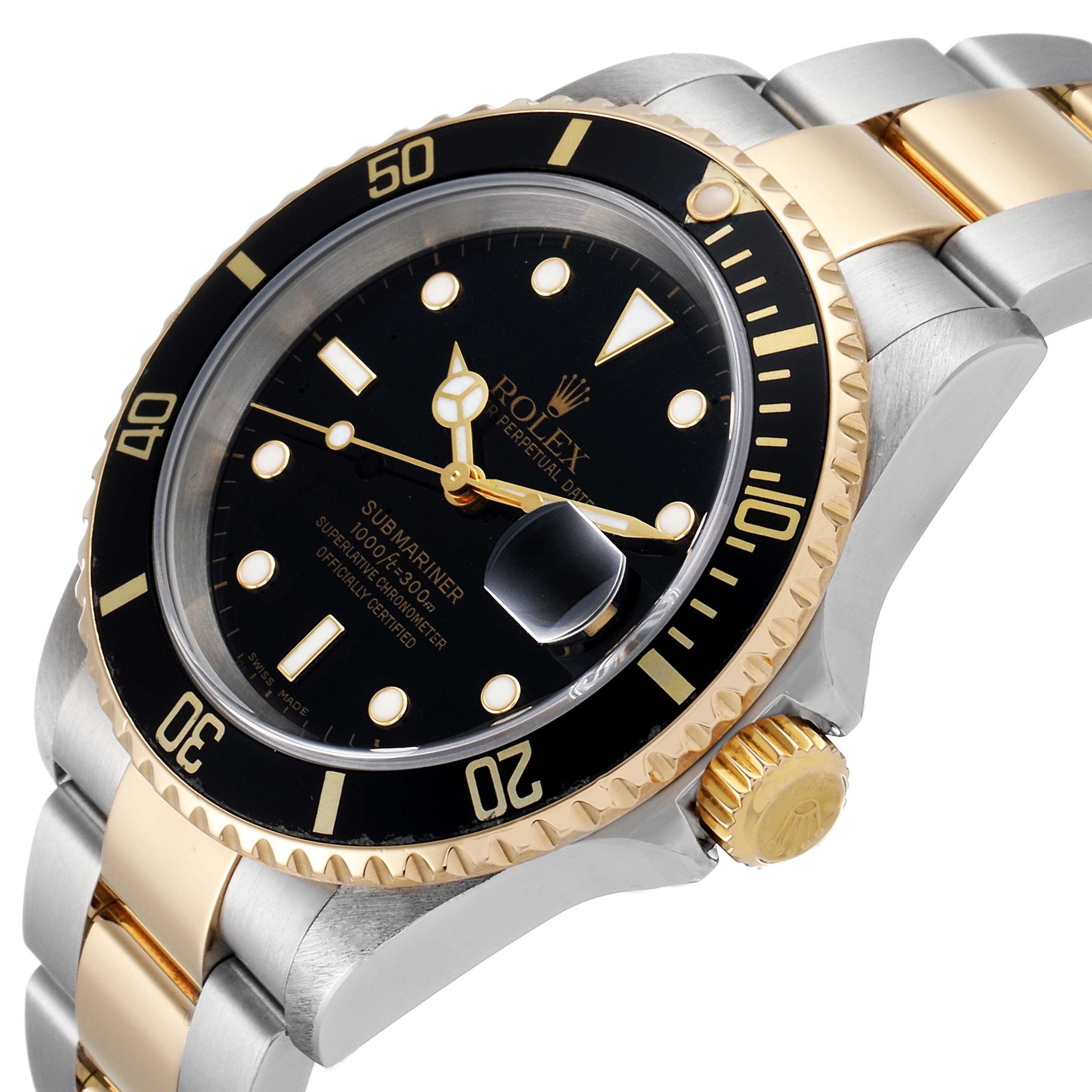 The image shows a close-up angled view of the Rolex Submariner 16613 Men's Steel and Gold (two tone) Black Dial 16613 Men's Steel and Gold (two tone) Black Dial watch, highlighting its dial, bezel, and two-tone bracelet.