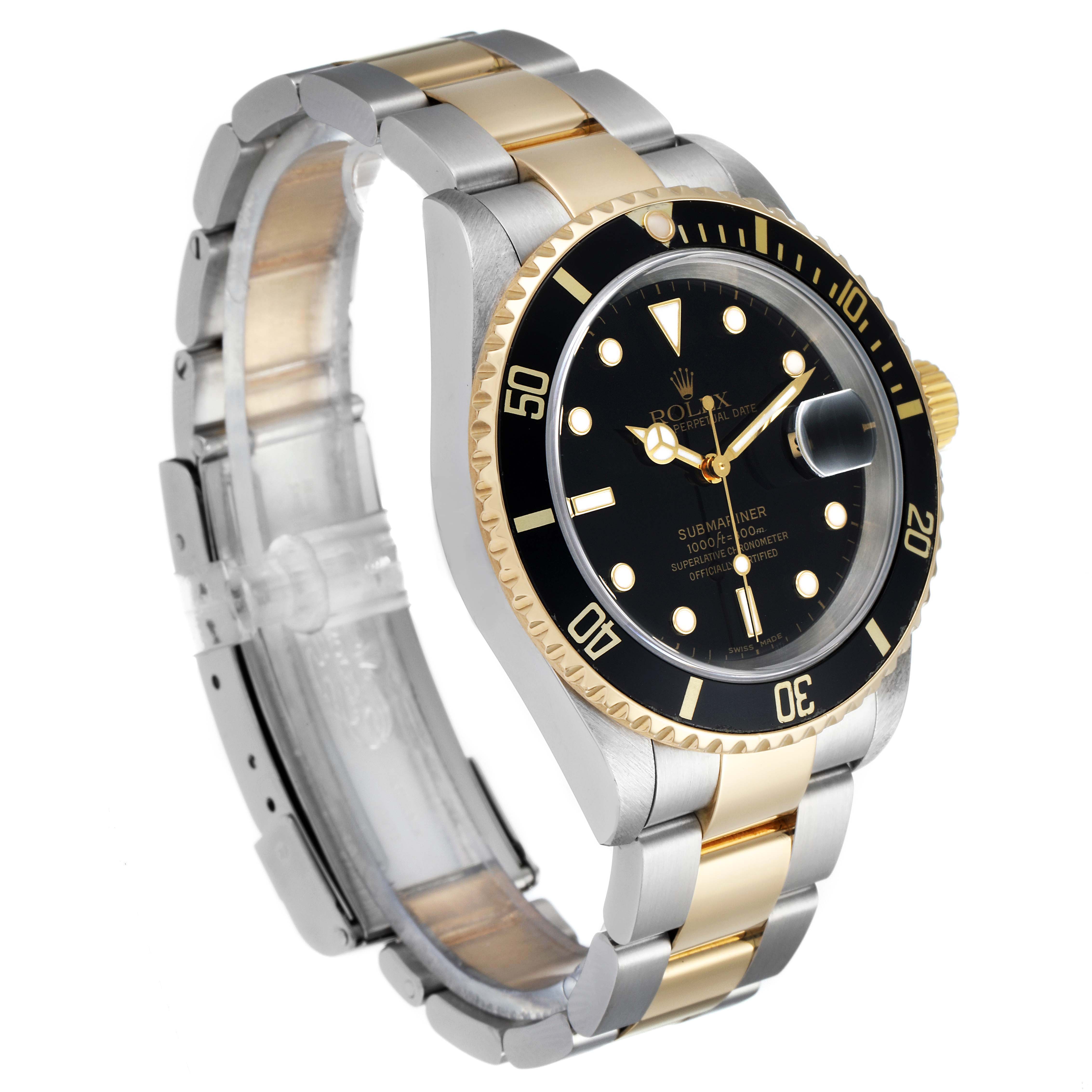 This image shows a three-quarter view of a Rolex Submariner 16613 Men's Steel and Gold (two tone) Black Dial 16613 Men's Steel and Gold (two tone) Black Dial watch, highlighting its bezel, dial, bracelet, and crown.