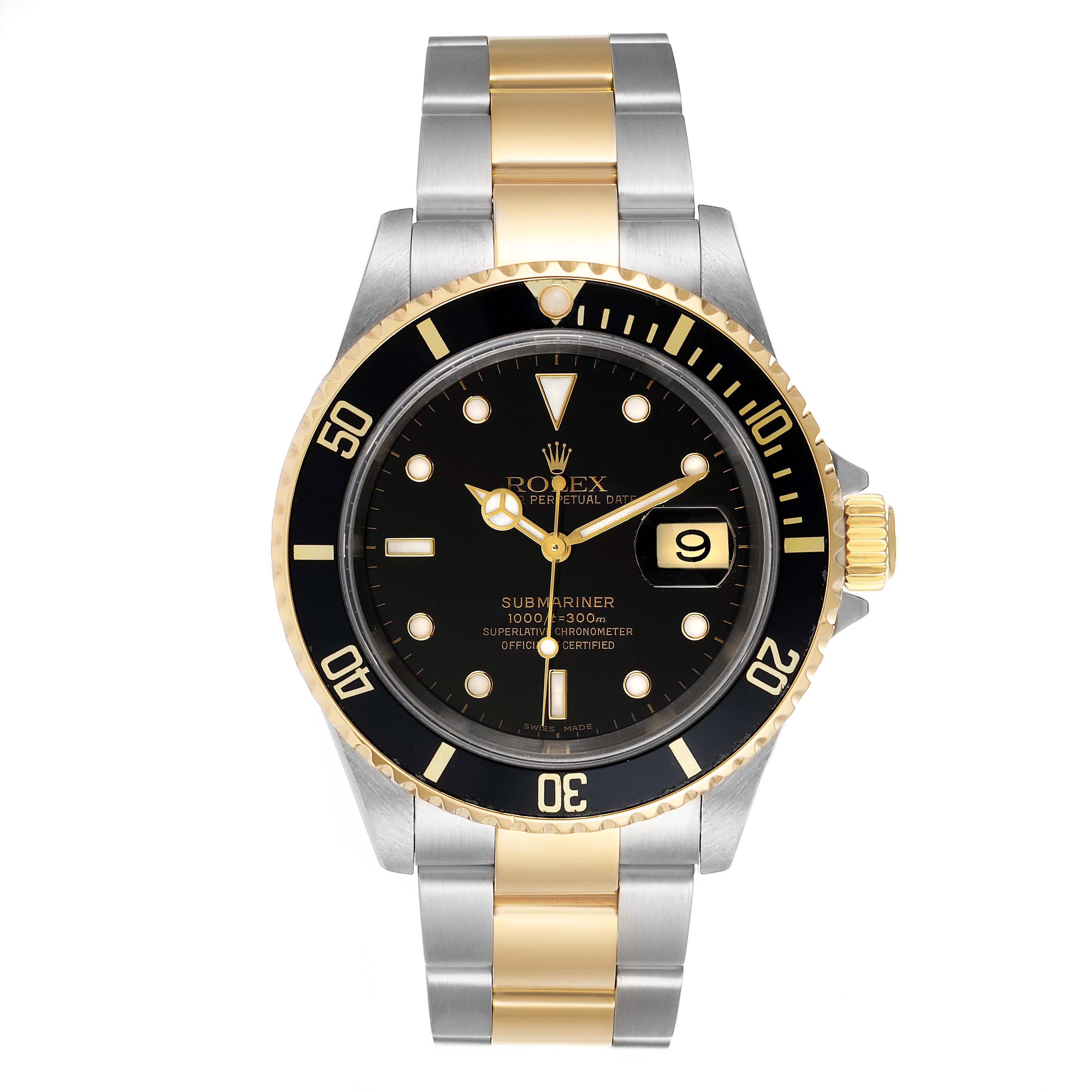 The image shows a frontal view of a Rolex Submariner 16613 Men's Steel and Gold (two tone) Black Dial 16613 Men's Steel and Gold (two tone) Black Dial watch, highlighting its black dial, gold accents, and two-tone bracelet.