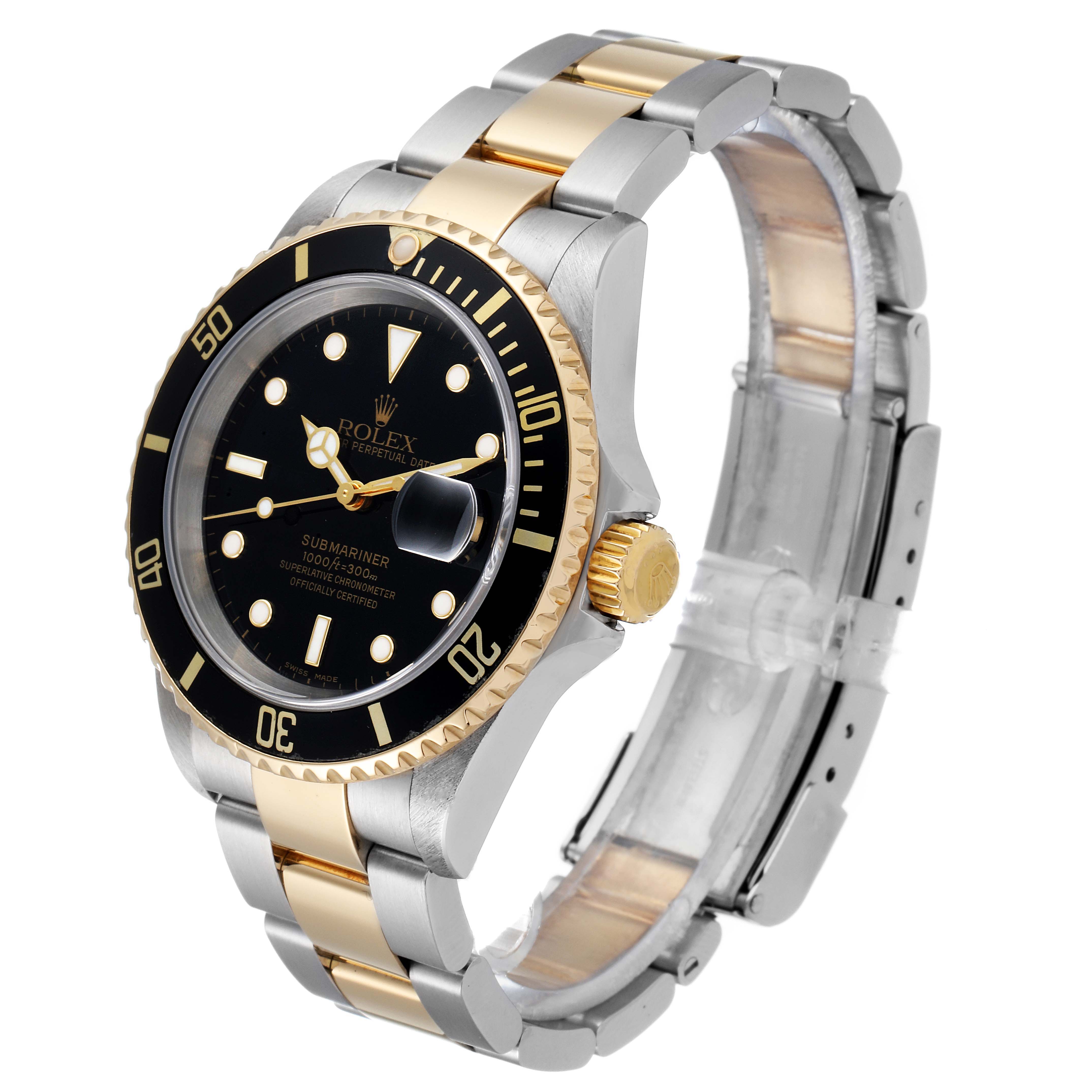 The Rolex Submariner 16613 Men's Steel and Gold (two tone) Black Dial 16613 Men's Steel and Gold (two tone) Black Dial watch is shown at a three-quarter angle, highlighting the watch face, bezel, crown, and bracelet.